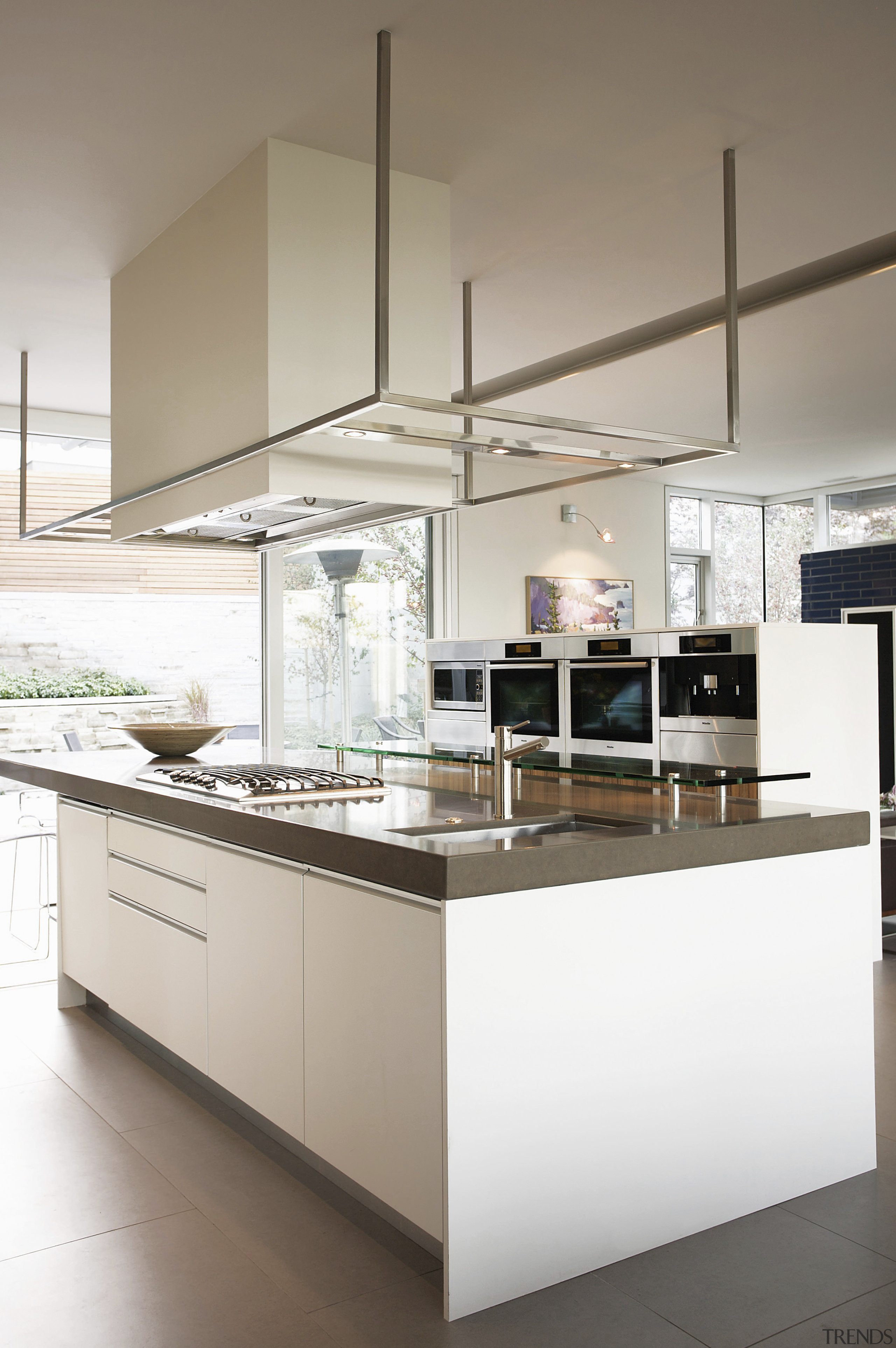 View of contemporary kitchen with white island. - architecture, cabinetry, countertop, cuisine classique, furniture, interior design, kitchen, product design, white