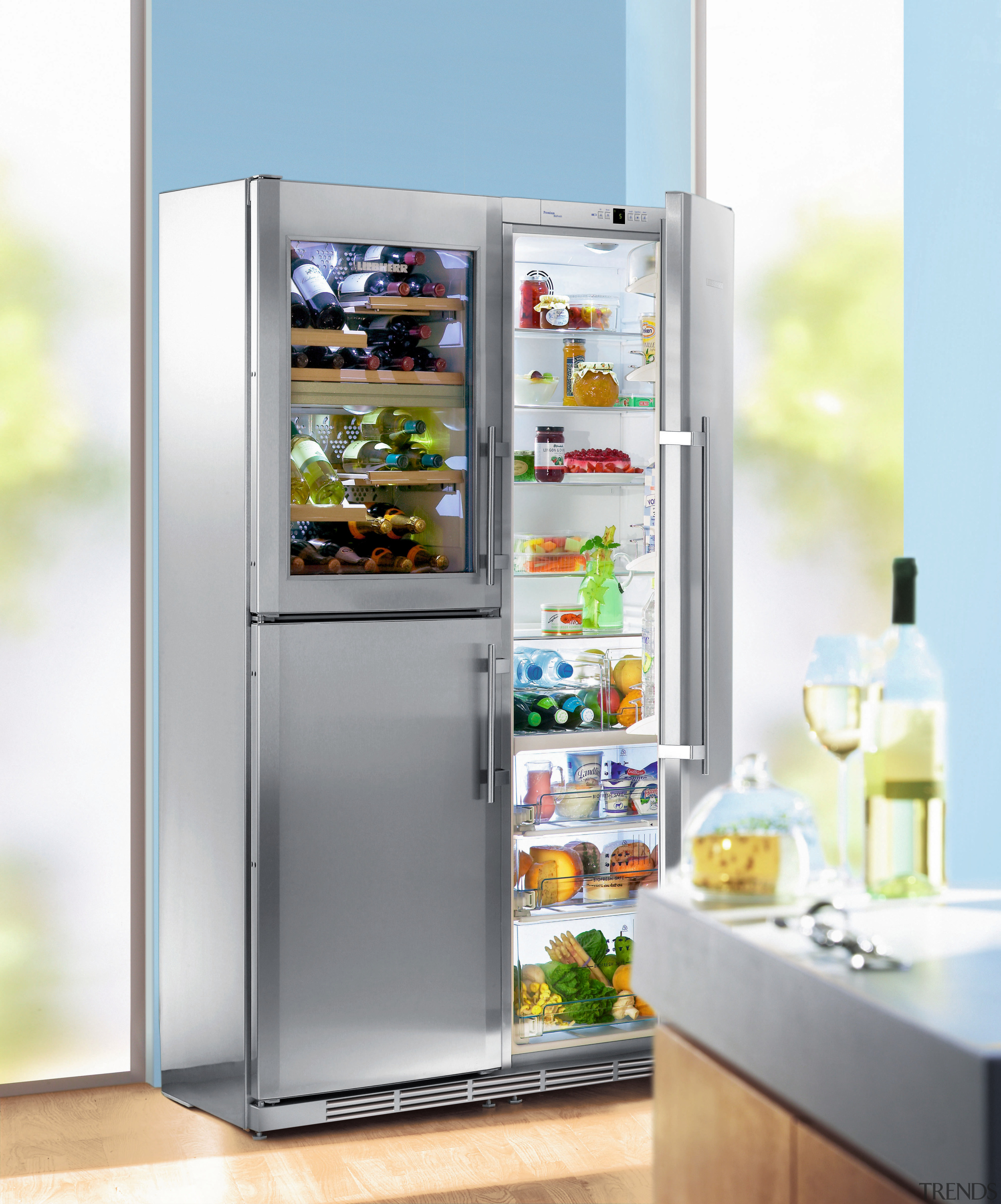 A view of this kitchen featuring the latest display case, home appliance, kitchen appliance, major appliance, product, refrigerator, white