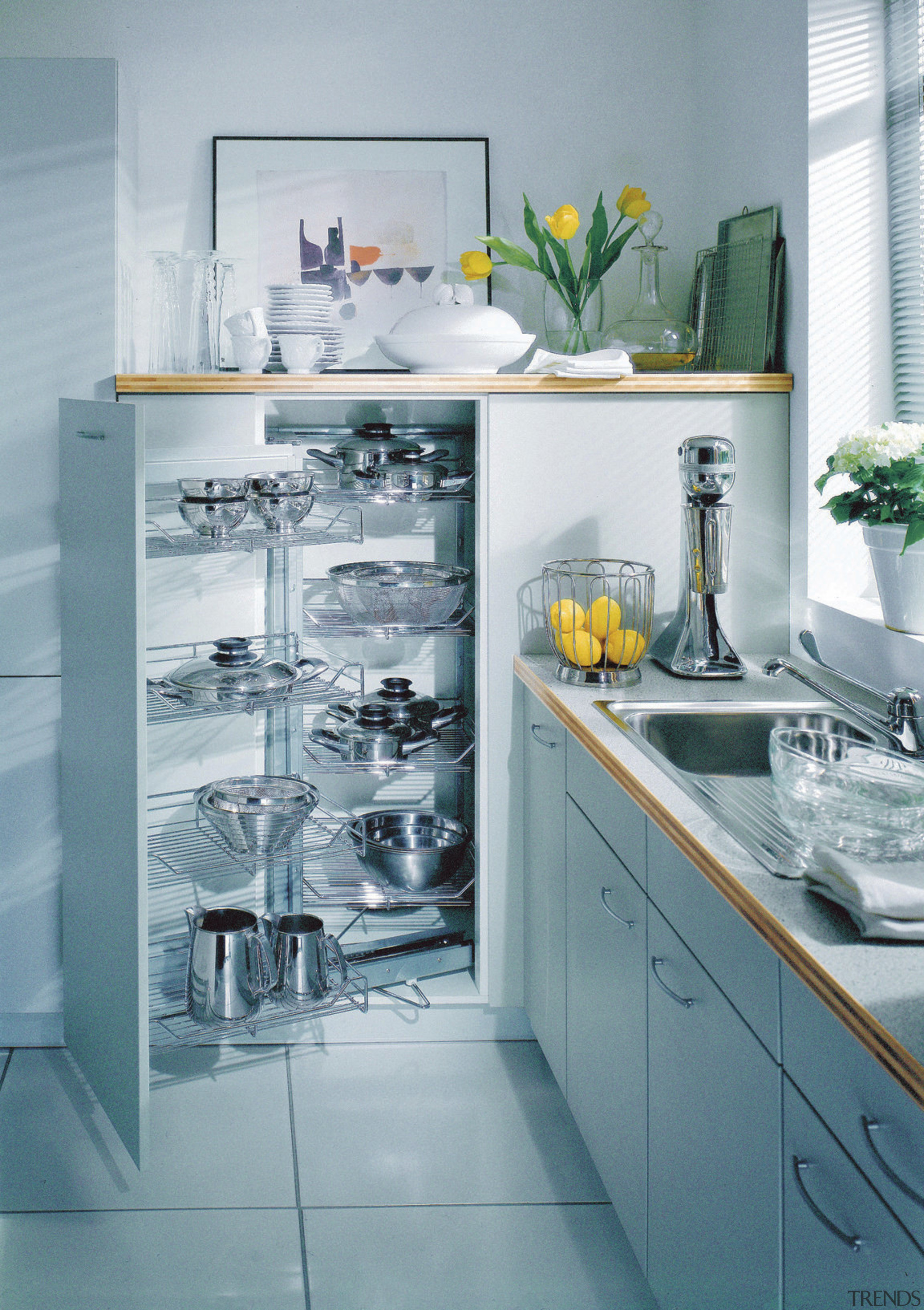 A view of these kitchens featuring cabinetry from countertop, home appliance, interior design, kitchen, kitchen appliance, major appliance, product design, refrigerator, room, shelf, gray