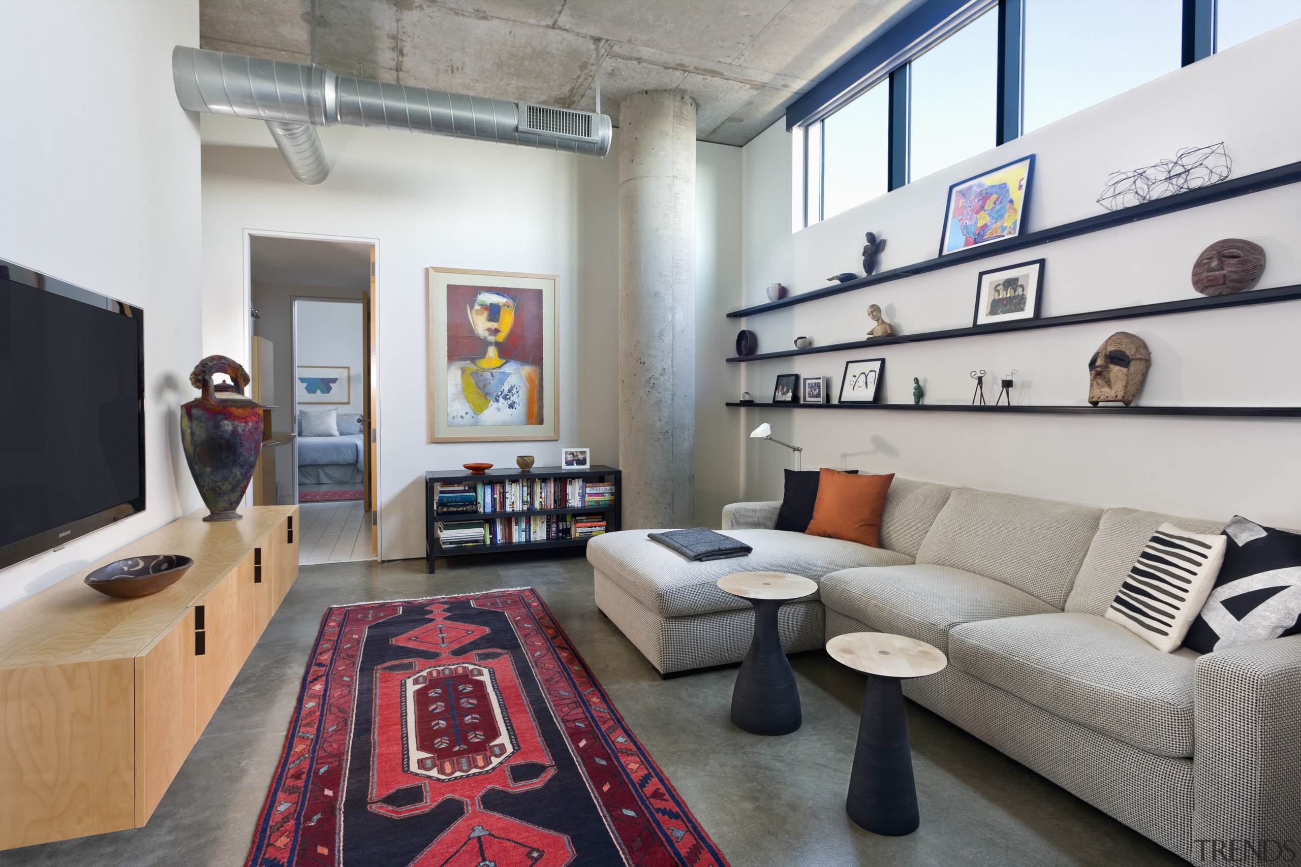 This home was designed by Thomas Meyer of interior design, living room, loft, real estate, room, gray