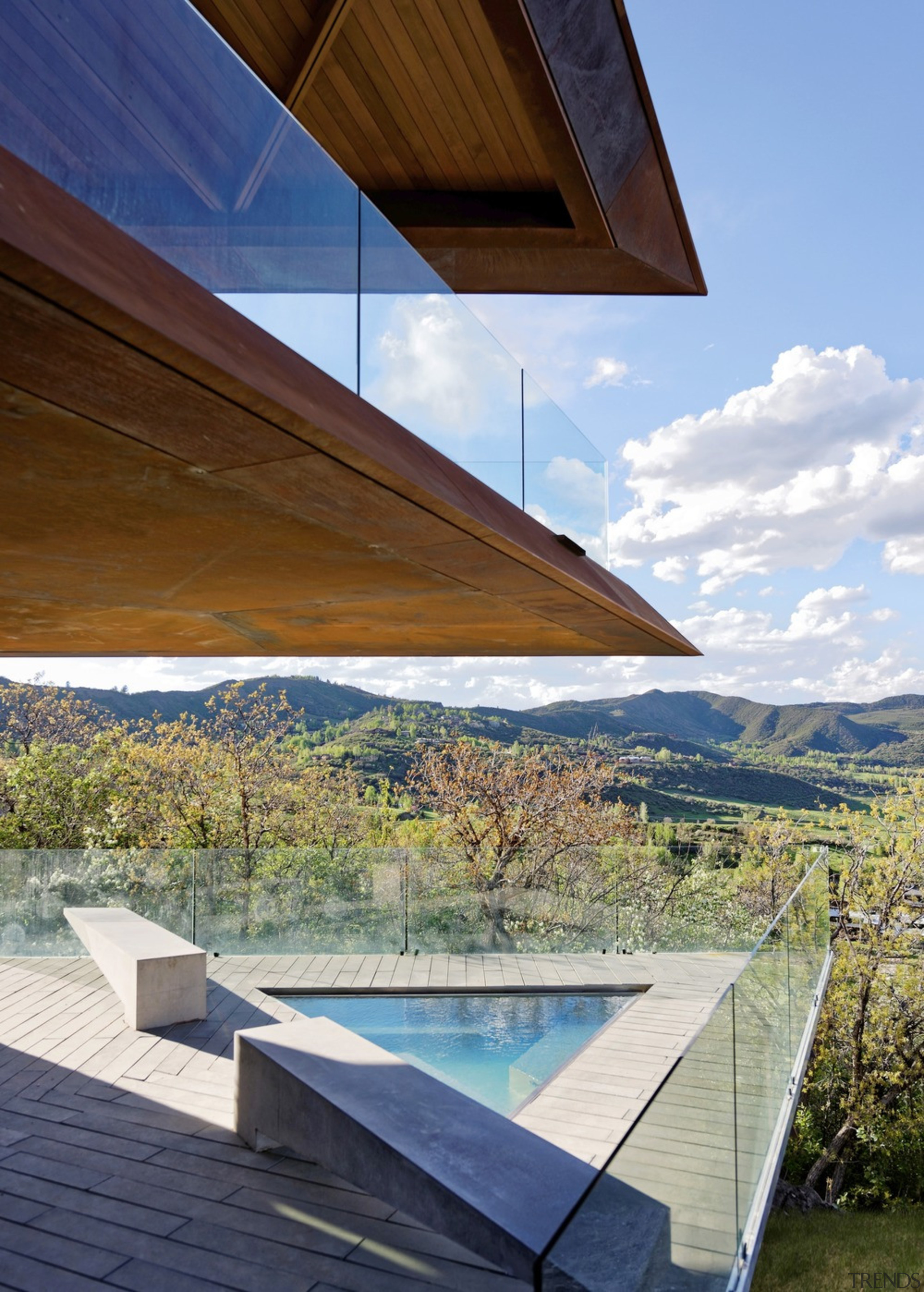 Sharing connections - architecture | daylighting | home architecture, daylighting, home, house, outdoor furniture, real estate, reflection, roof, shade, sky, sunlounger, swimming pool, wood