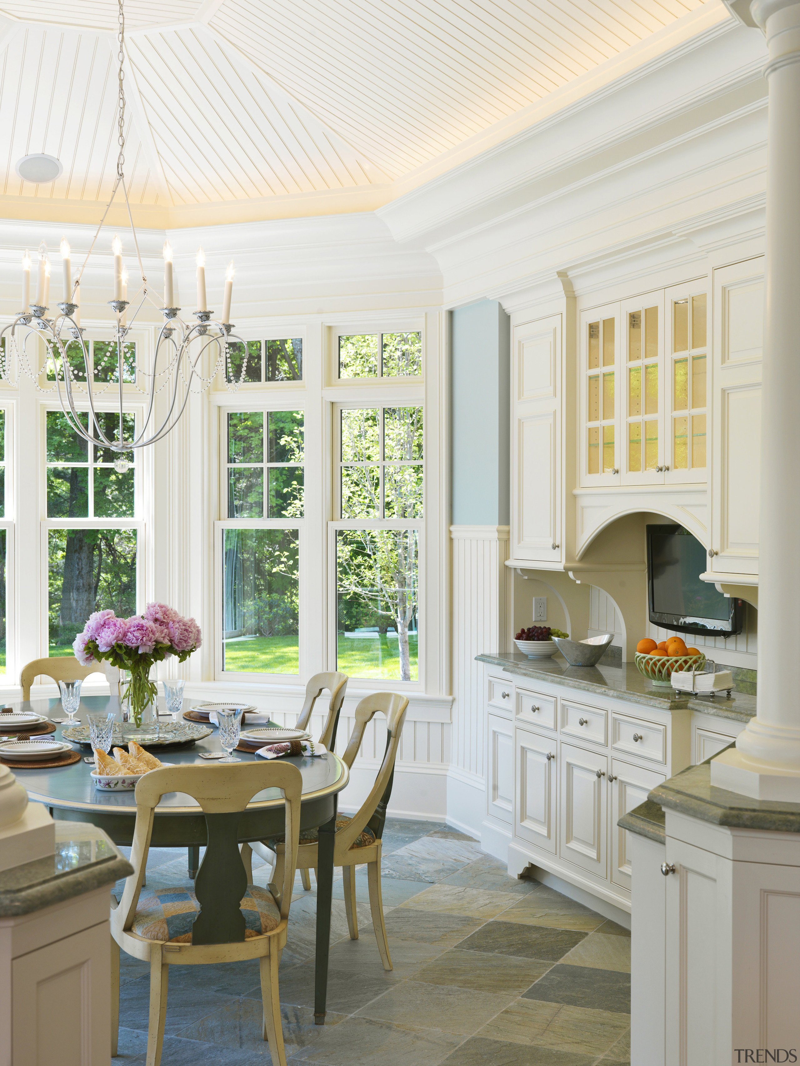 View of kitchen which evokes classic aesthetic, mahogany ceiling, dining room, furniture, home, interior design, kitchen, living room, room, table, window, white