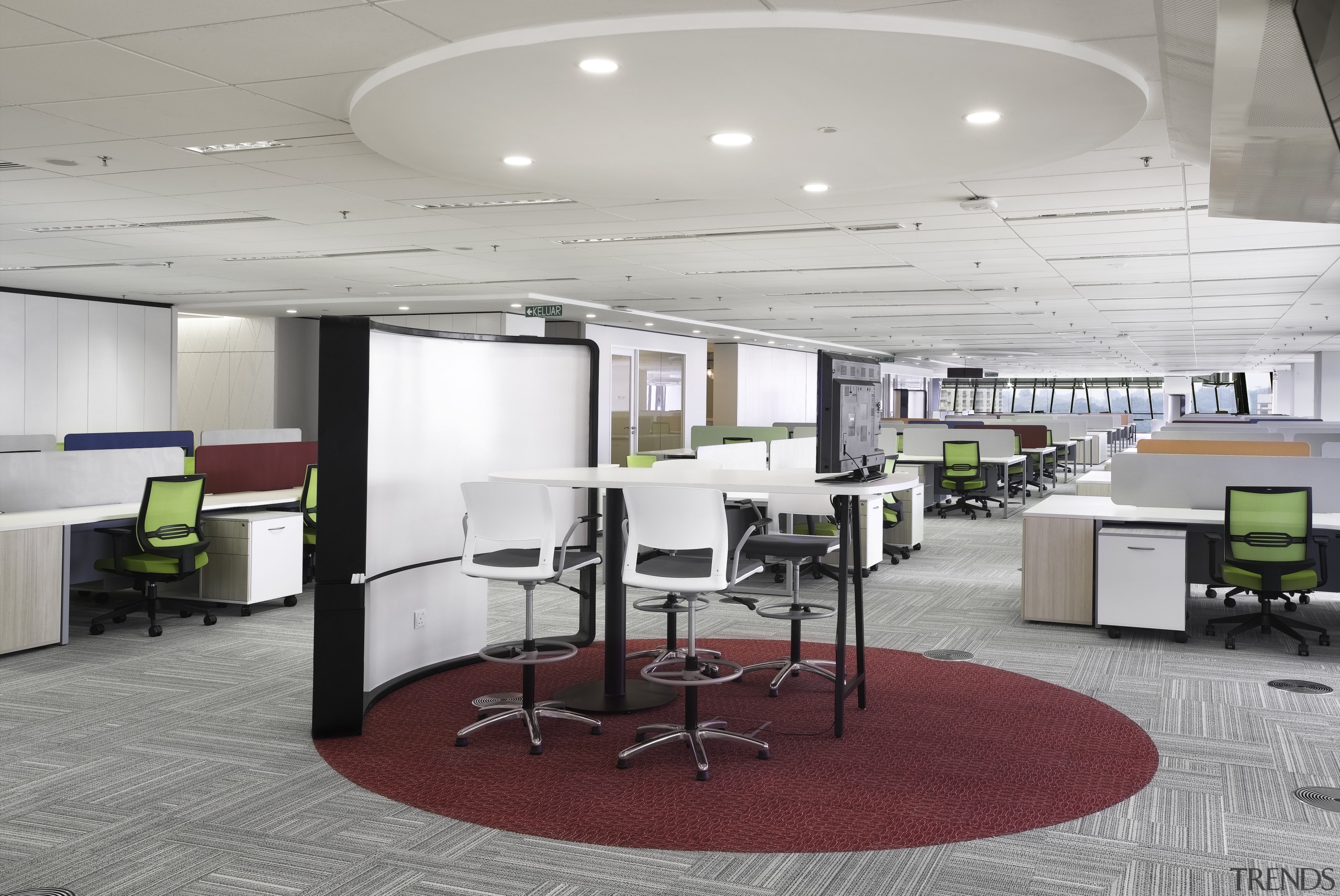 Open break out areas are part of the ceiling, interior design, office, product design, gray