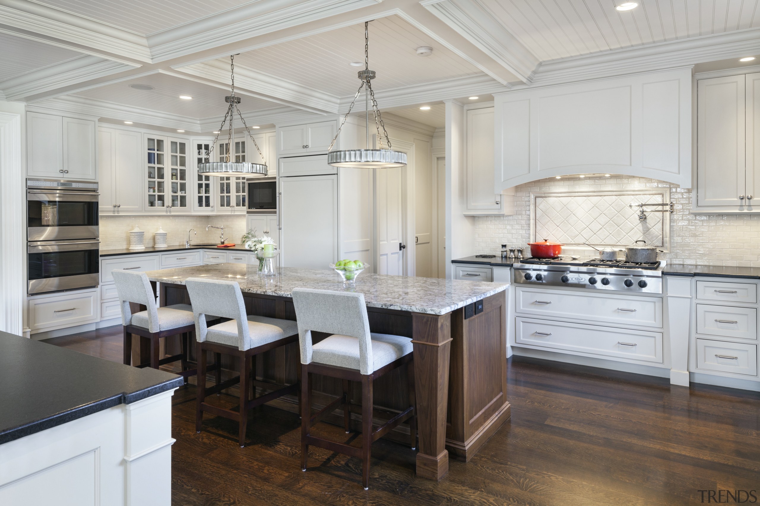 The coffered ceiling with rustic beadboard panels and cabinetry, countertop, cuisine classique, floor, flooring, interior design, kitchen, room, wood flooring, gray