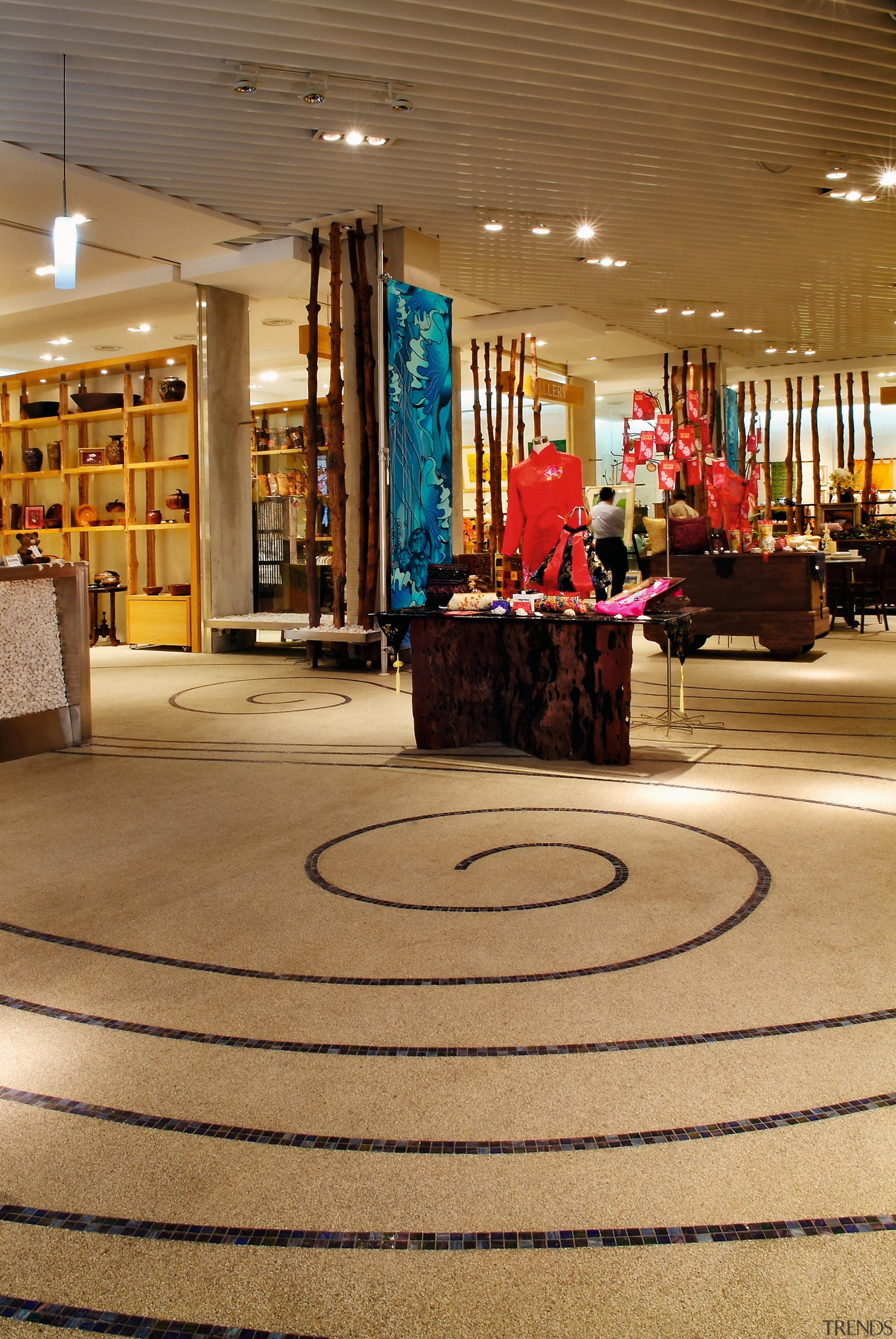 View of the polished concrete flooring in the flooring, interior design, lobby, shopping mall, brown, orange