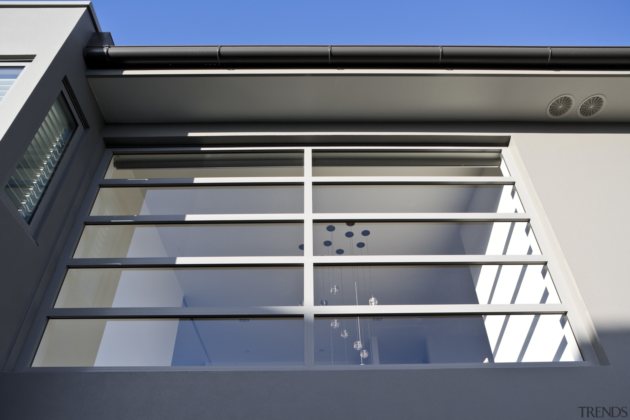View of a house which features aluminium joinery architecture, building, daylighting, facade, glass, handrail, line, roof, structure, window, gray