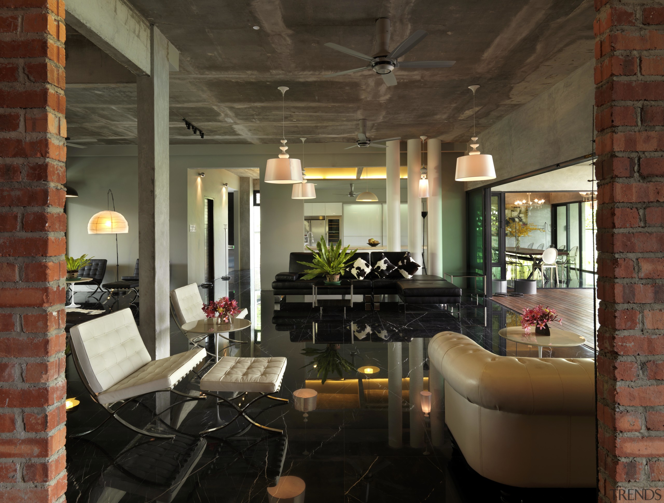 This house was designed by Dr Tan Loke ceiling, home, interior design, living room, lobby, loft, real estate, brown, black