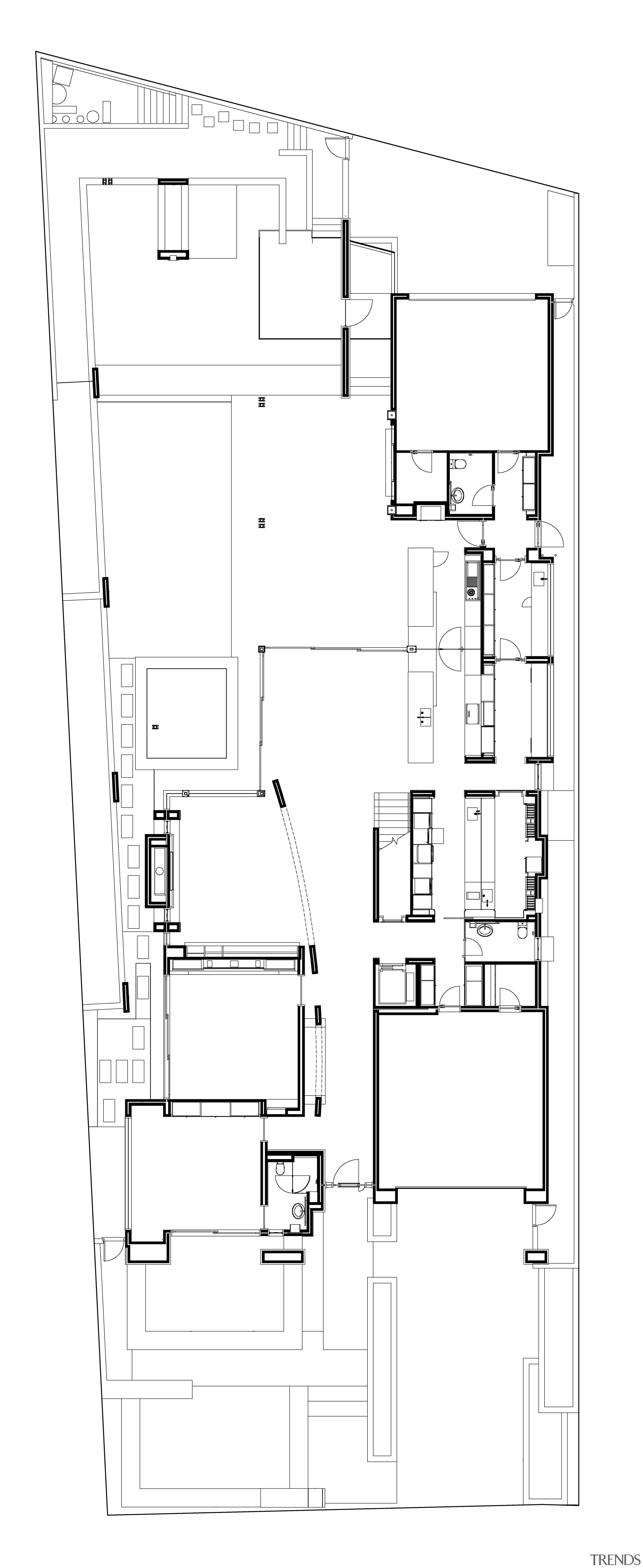 Plan of ground floor of contemporary house by angle, architecture, area, black and white, design, drawing, floor plan, line, plan, product, product design, square, white