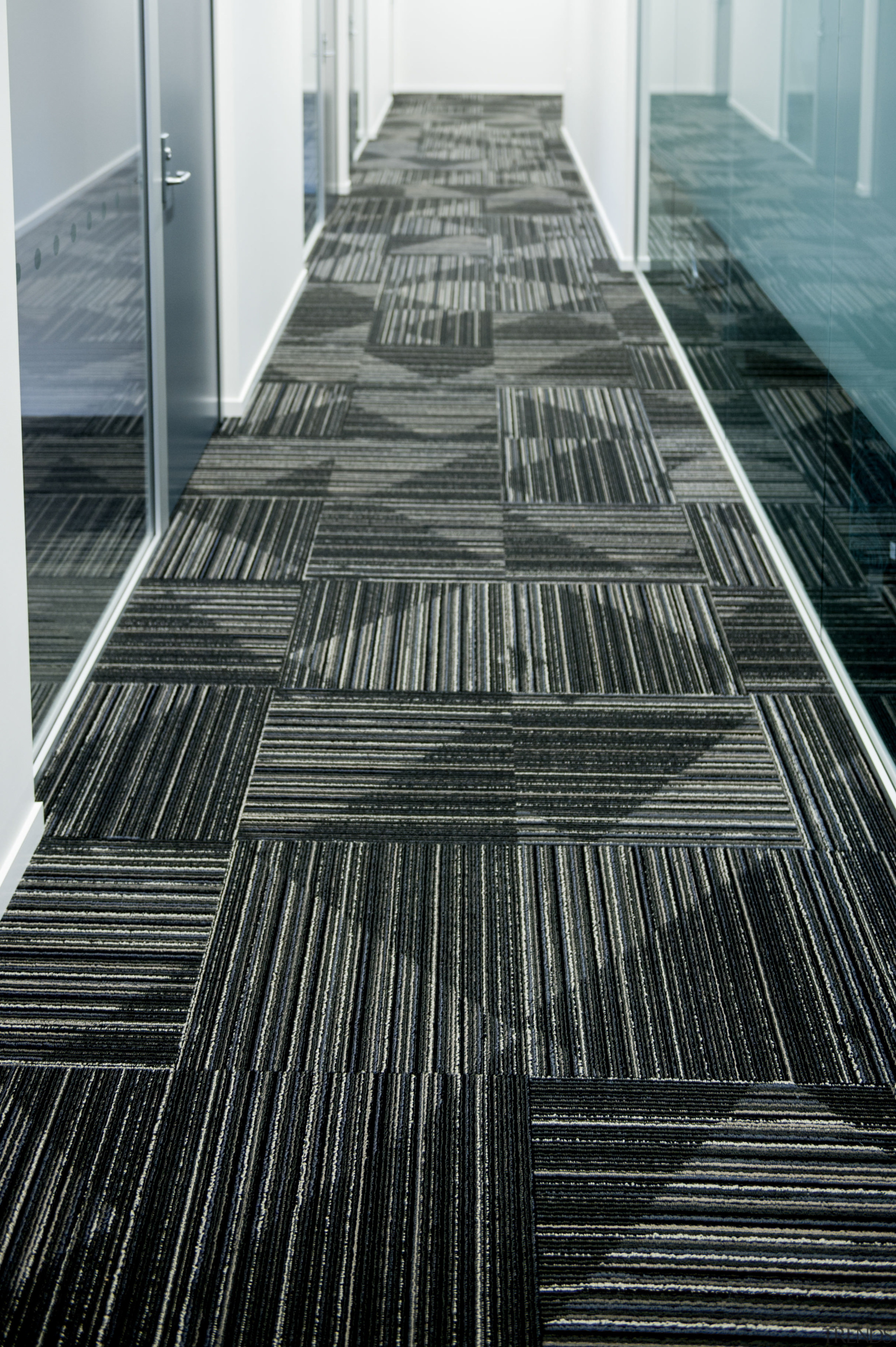 Durable, good-looking carpet tiles for commercial use architecture, black and white, building, daylighting, floor, flooring, line, monochrome, monochrome photography, reflection, structure, tile, wood, black, gray
