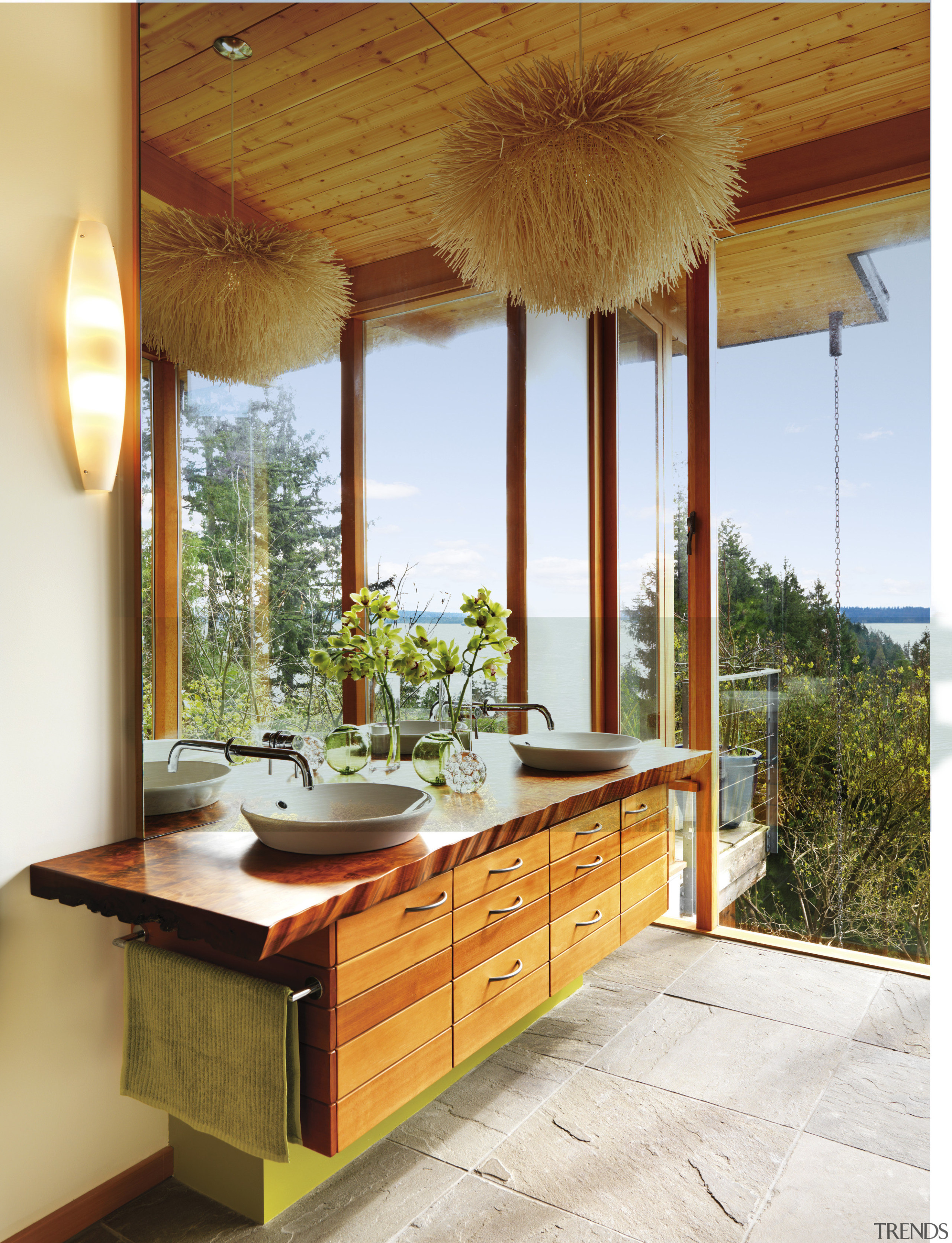 View of bathroom with wooden vanity and vase ceiling, home, interior design, real estate, window, white, brown