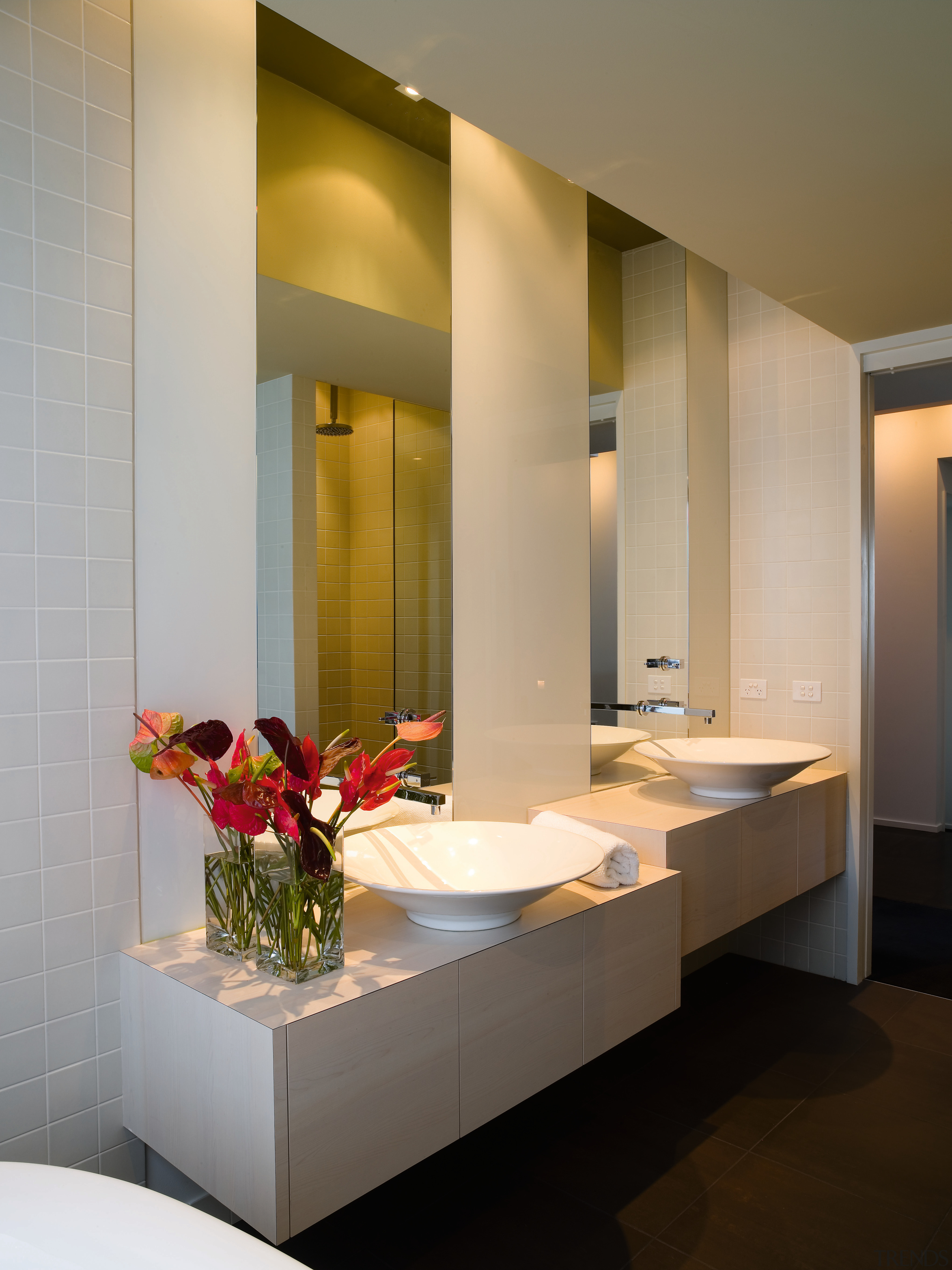 White glass between the mirrors adds a sheen bathroom, ceiling, interior design, room, gray, brown