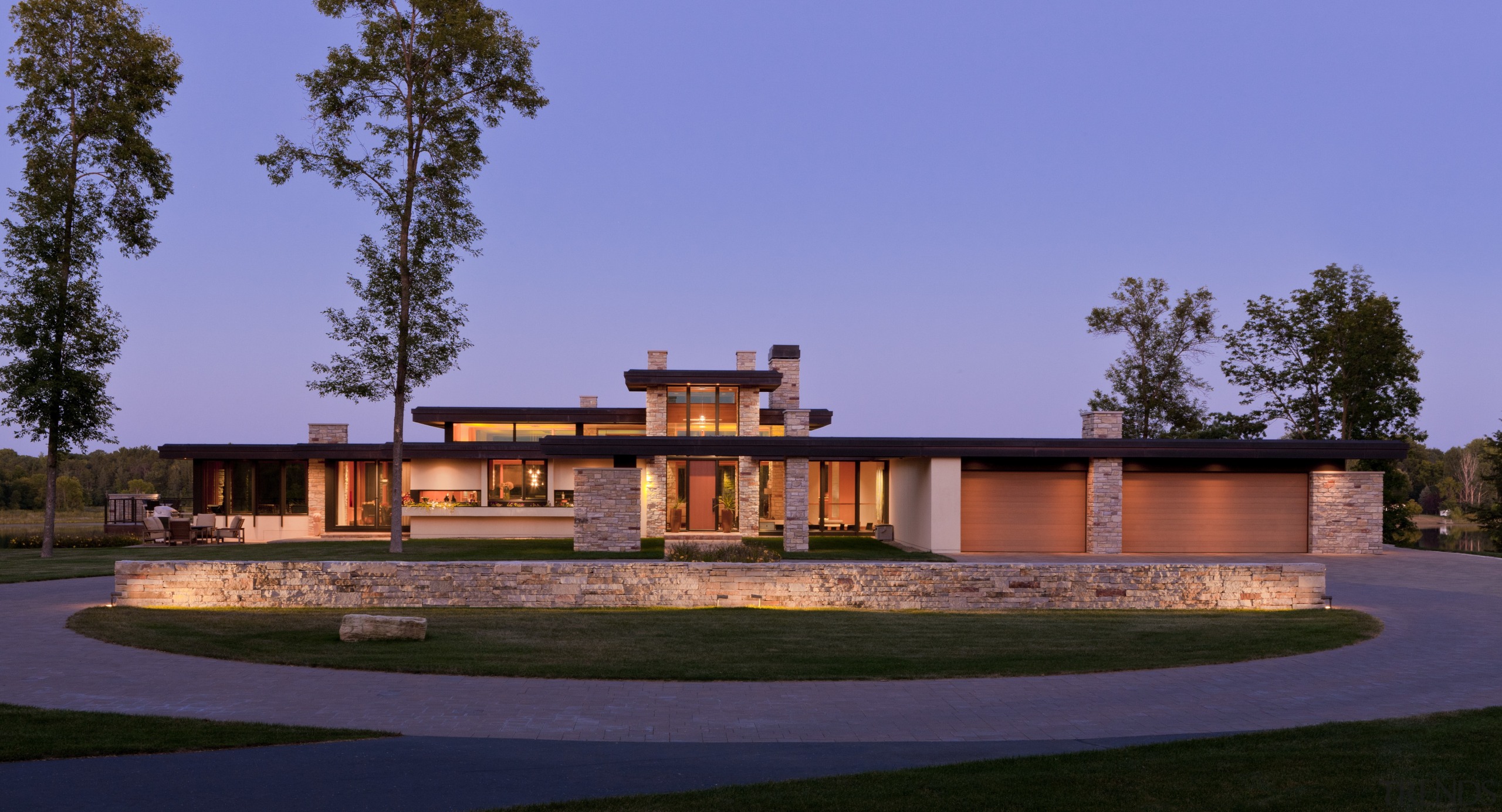 exterior of house at night, circular driveway - architecture, elevation, estate, facade, home, house, landscape lighting, lighting, mansion, property, real estate, residential area, villa, blue