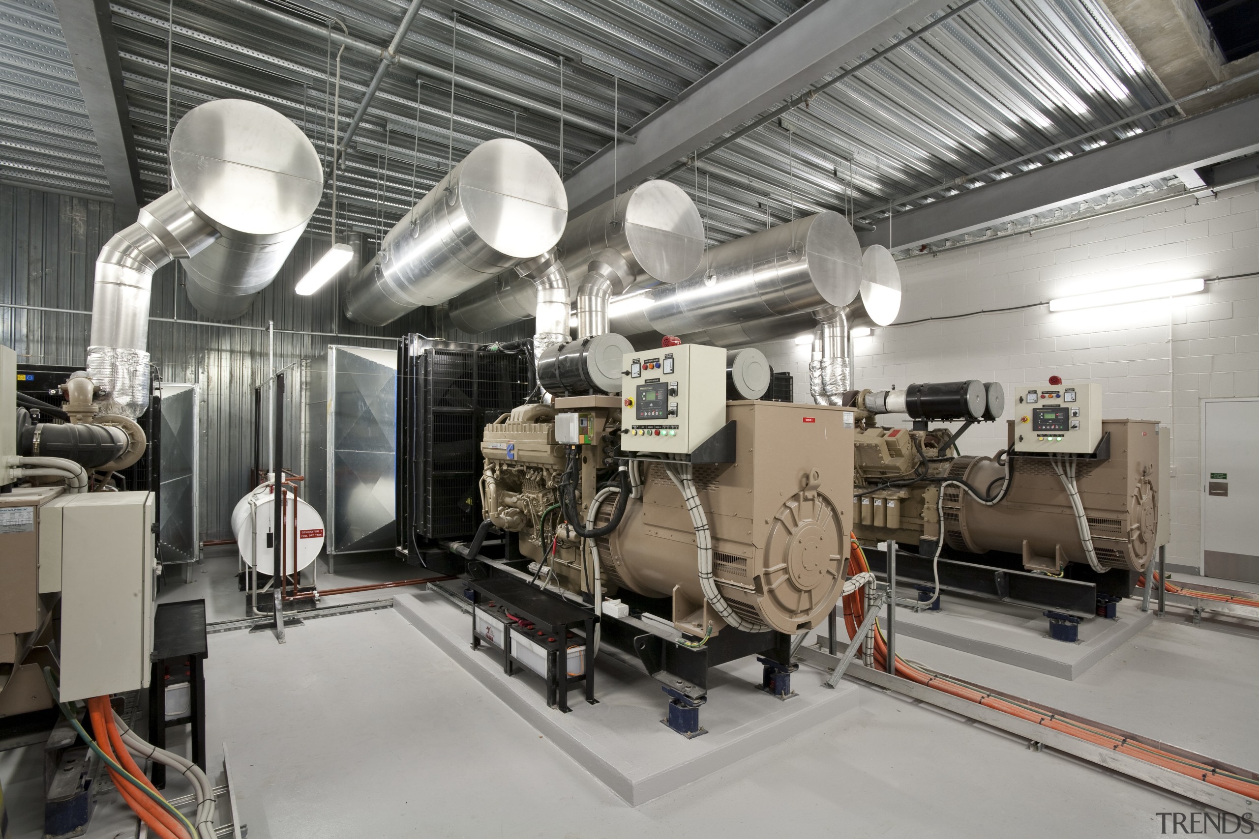 View of mechanical heating and air conditioning at factory, machine, gray