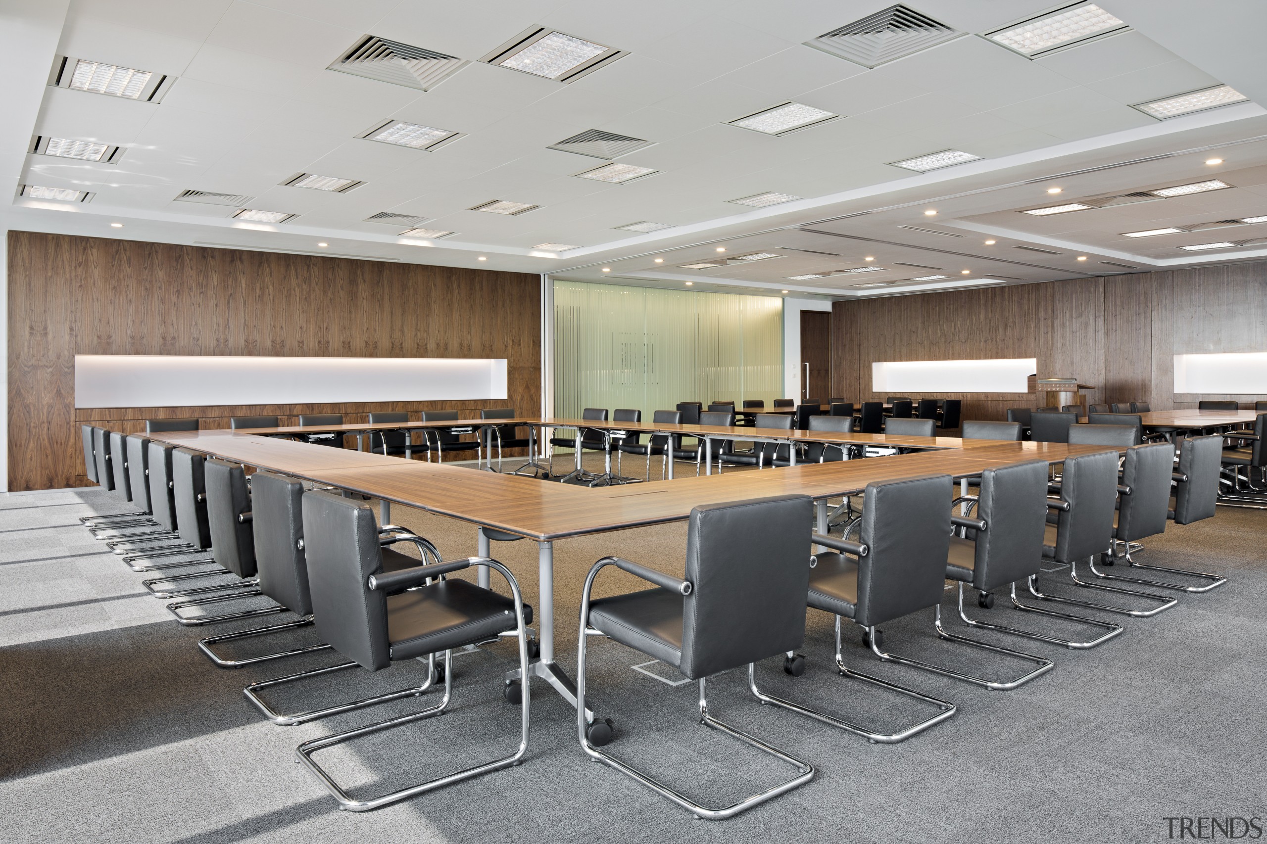 Operable walls can be opened or closed to classroom, conference hall, furniture, office, table, gray