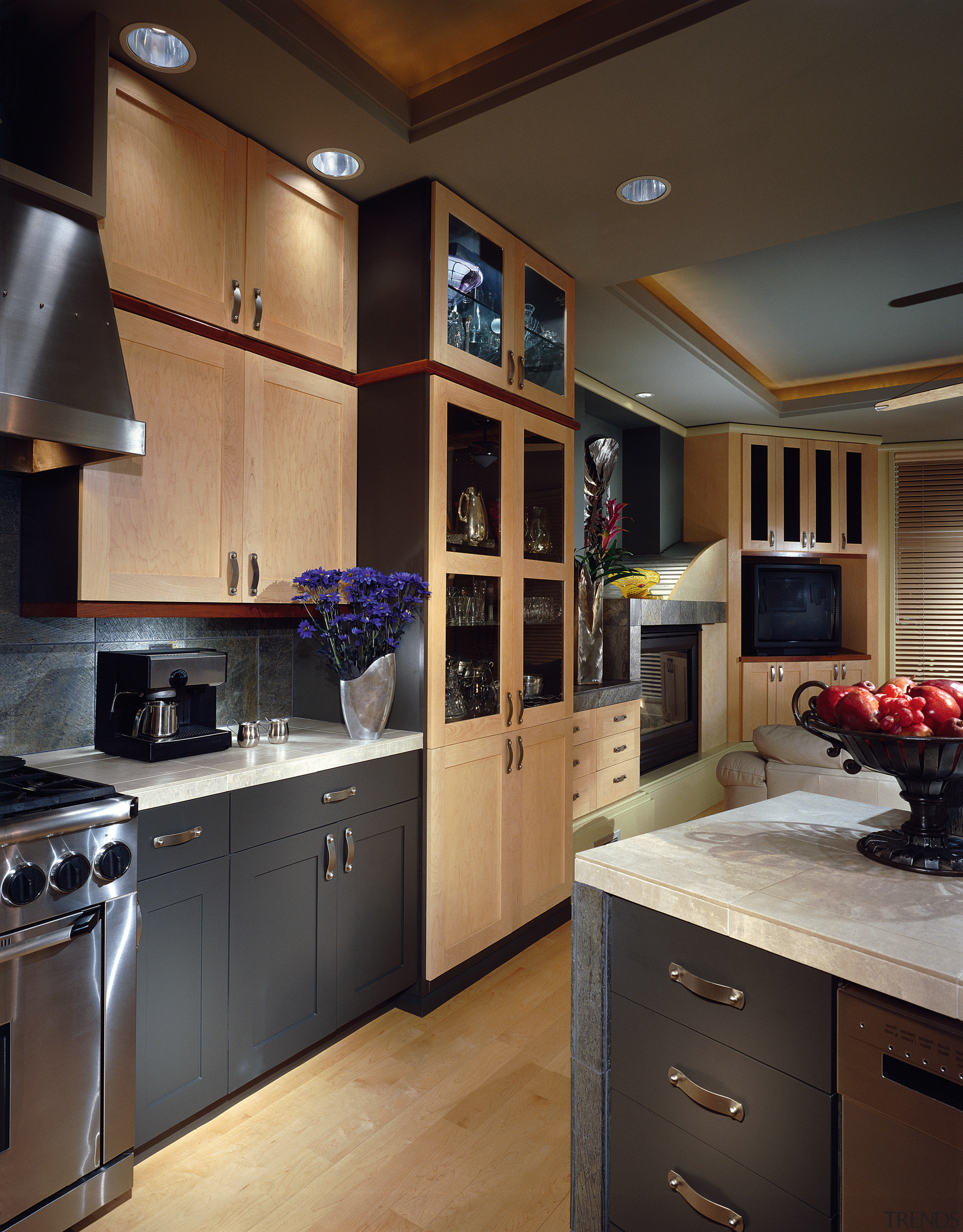 View of this contemporary kitchen - View of cabinetry, countertop, cuisine classique, interior design, kitchen, room, black, brown