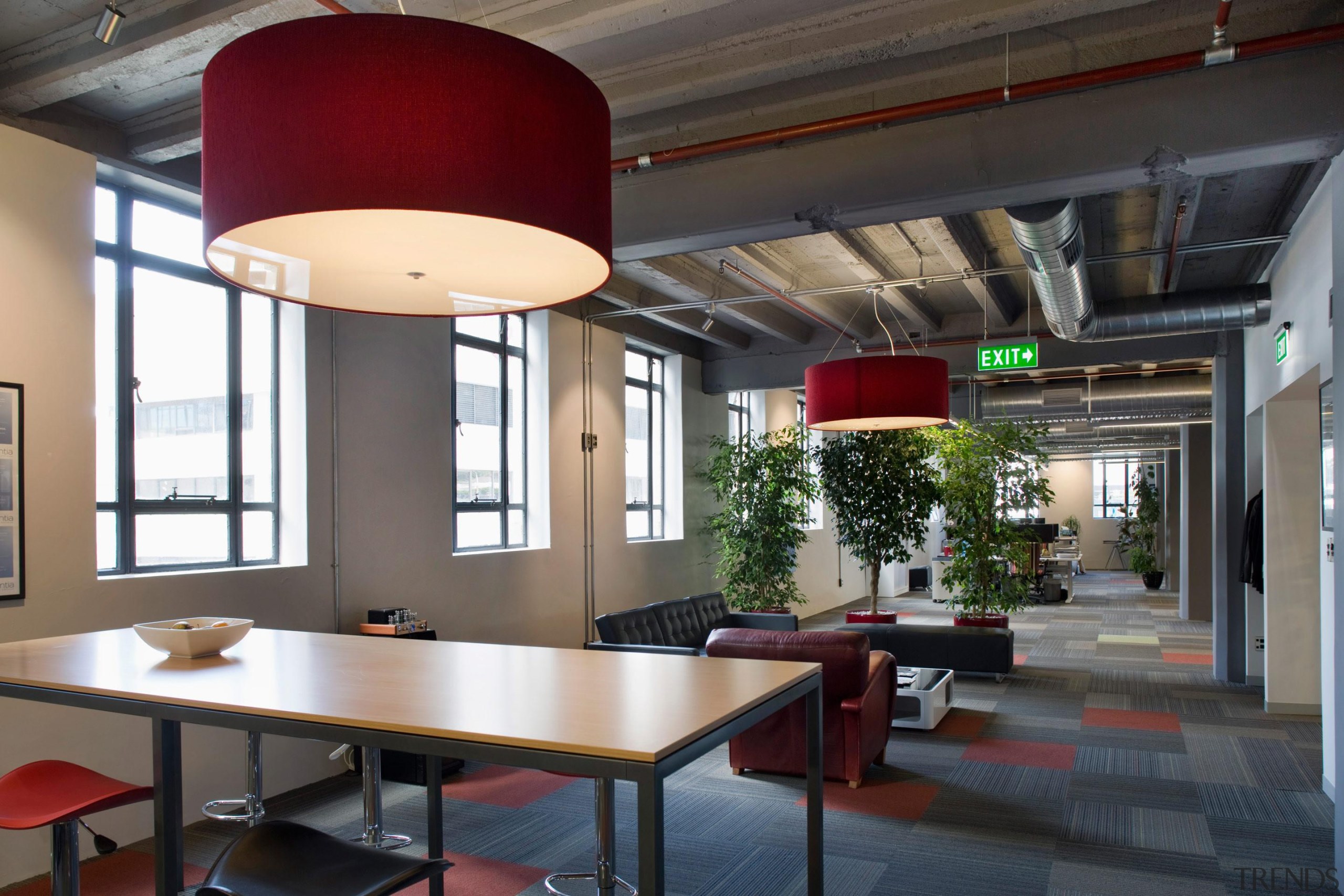 Long views are provided through the open plan ceiling, interior design, table, black