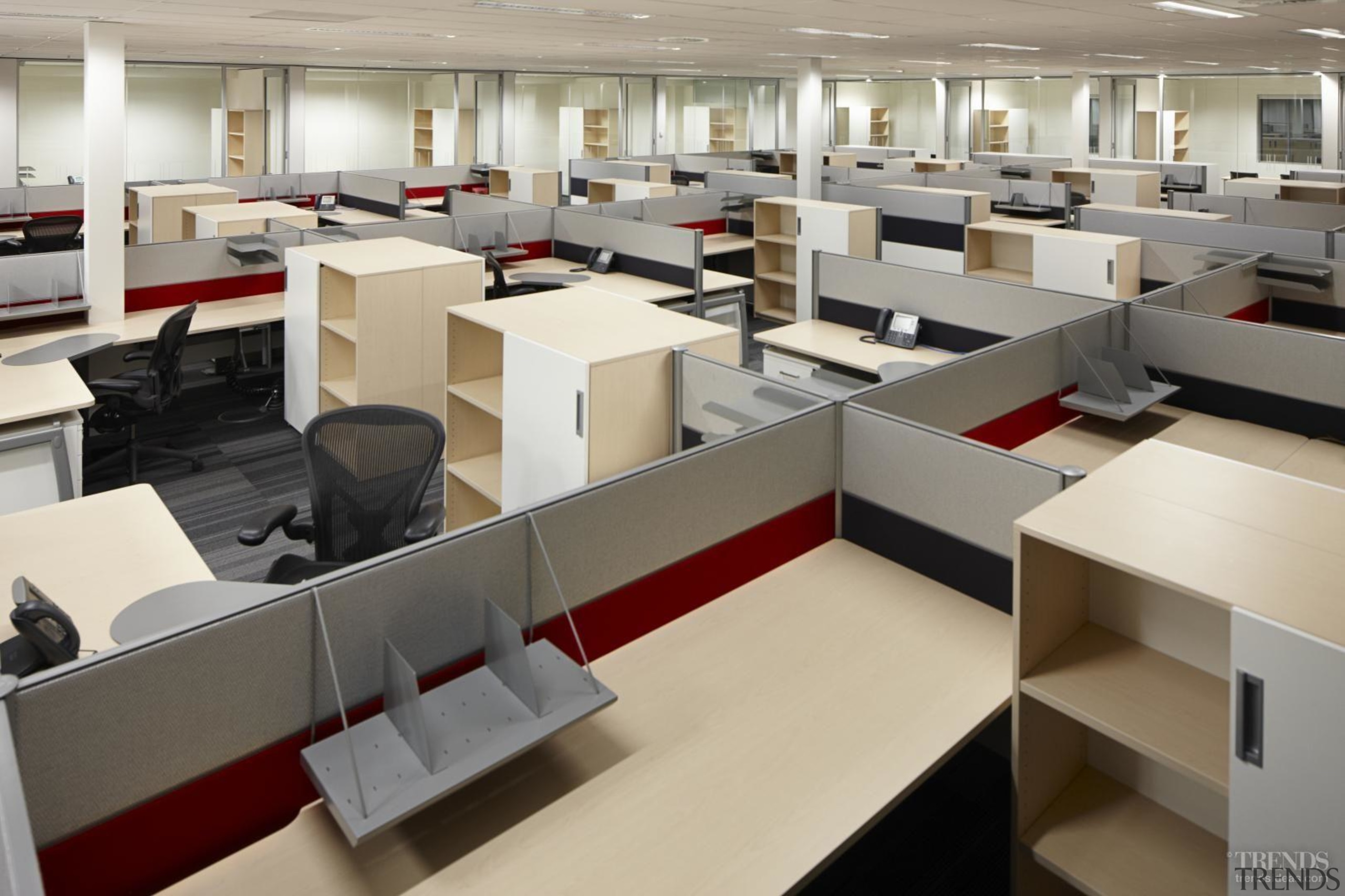 Office interiors have Australian-manufactured workstations, custom designed for furniture, interior design, office, gray