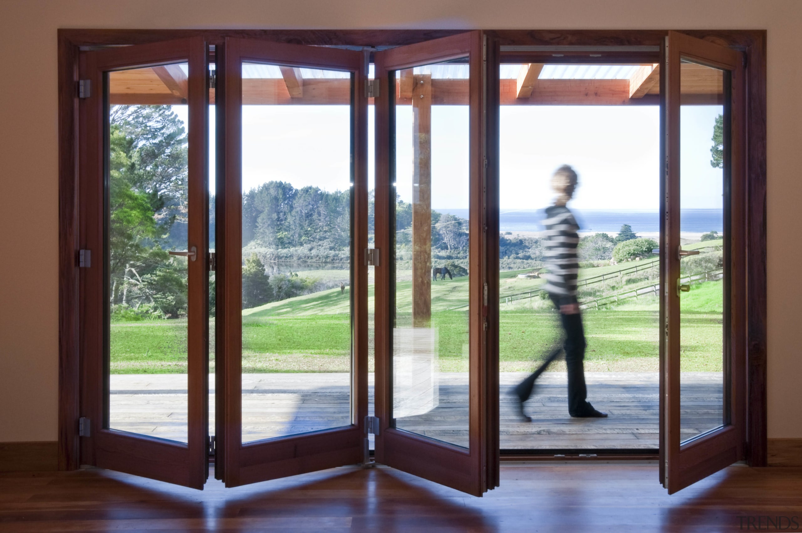 View of windows set into timber joinery by door, home, real estate, window, red