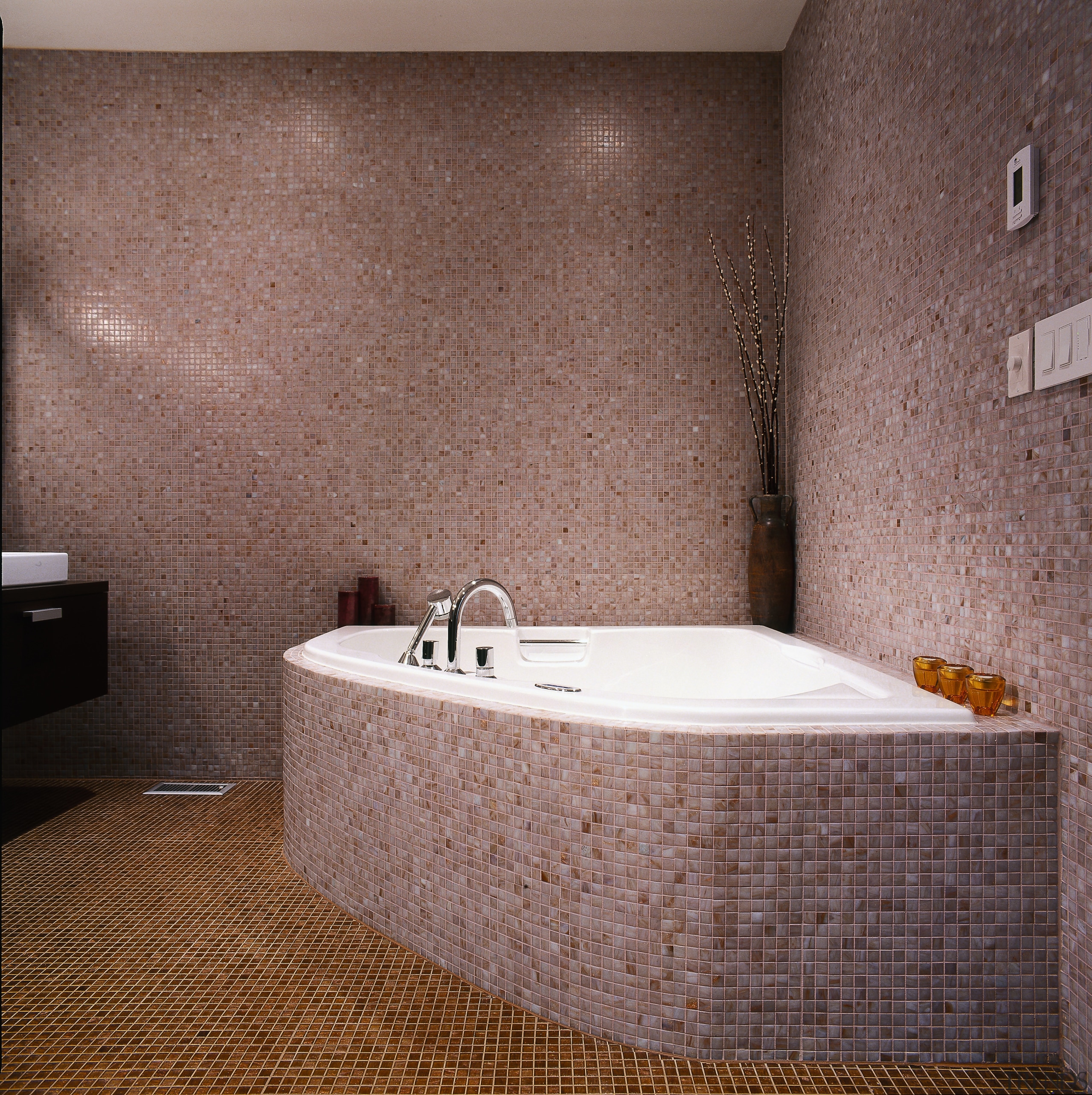 View of this modern bathroom - View of bathroom, bathtub, ceramic, floor, flooring, interior design, plumbing fixture, room, tile, wall, red, gray