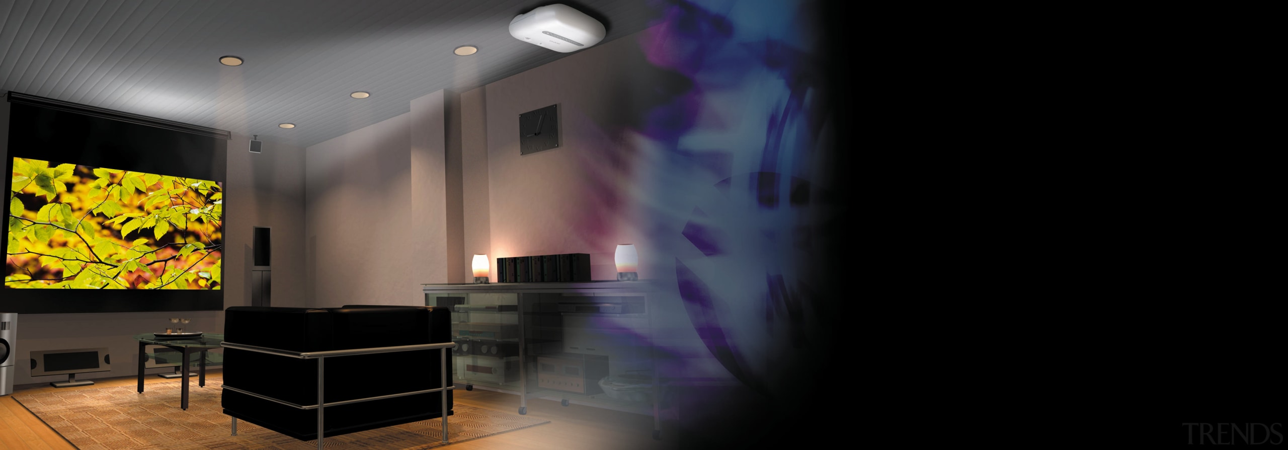 A photograph of a media room featuring a ceiling, interior design, light, light fixture, lighting, black