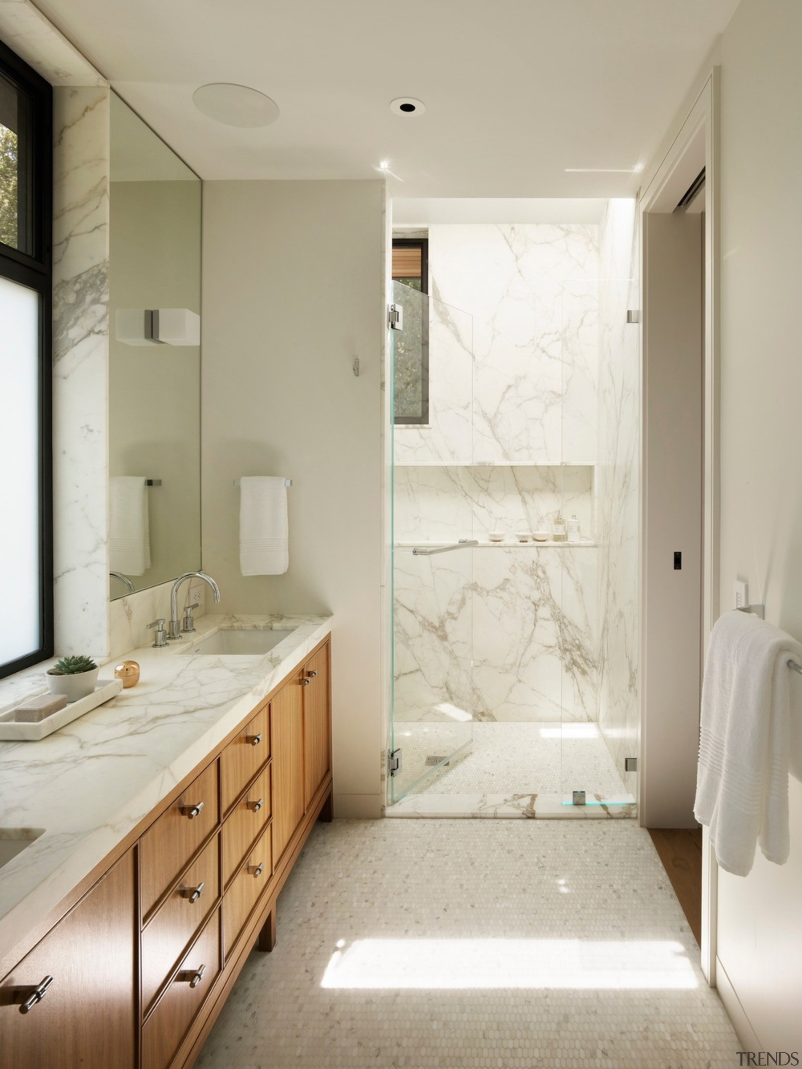 The master bathroom reflects plenty of space and architecture, bathroom, bathroom accessory, bathroom cabinet, bathtub, beige, building, ceiling, floor, flooring, furniture, home, house, interior design, marble, material property, plumbing fixture, property, real estate, room, sink, tap, tile, wall, gray