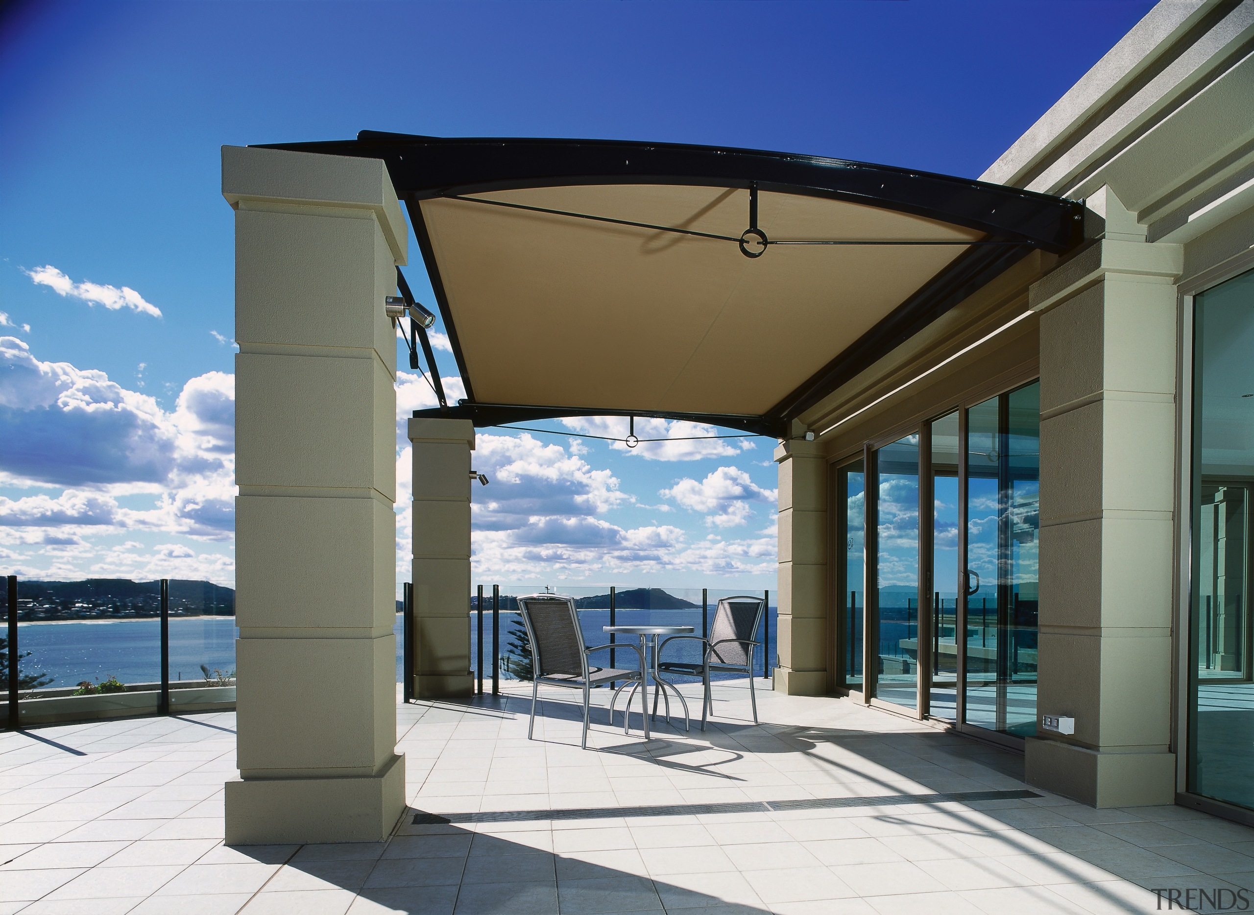 exterior view of outdoor living under sunscreen - architecture, real estate, shade, sky, structure