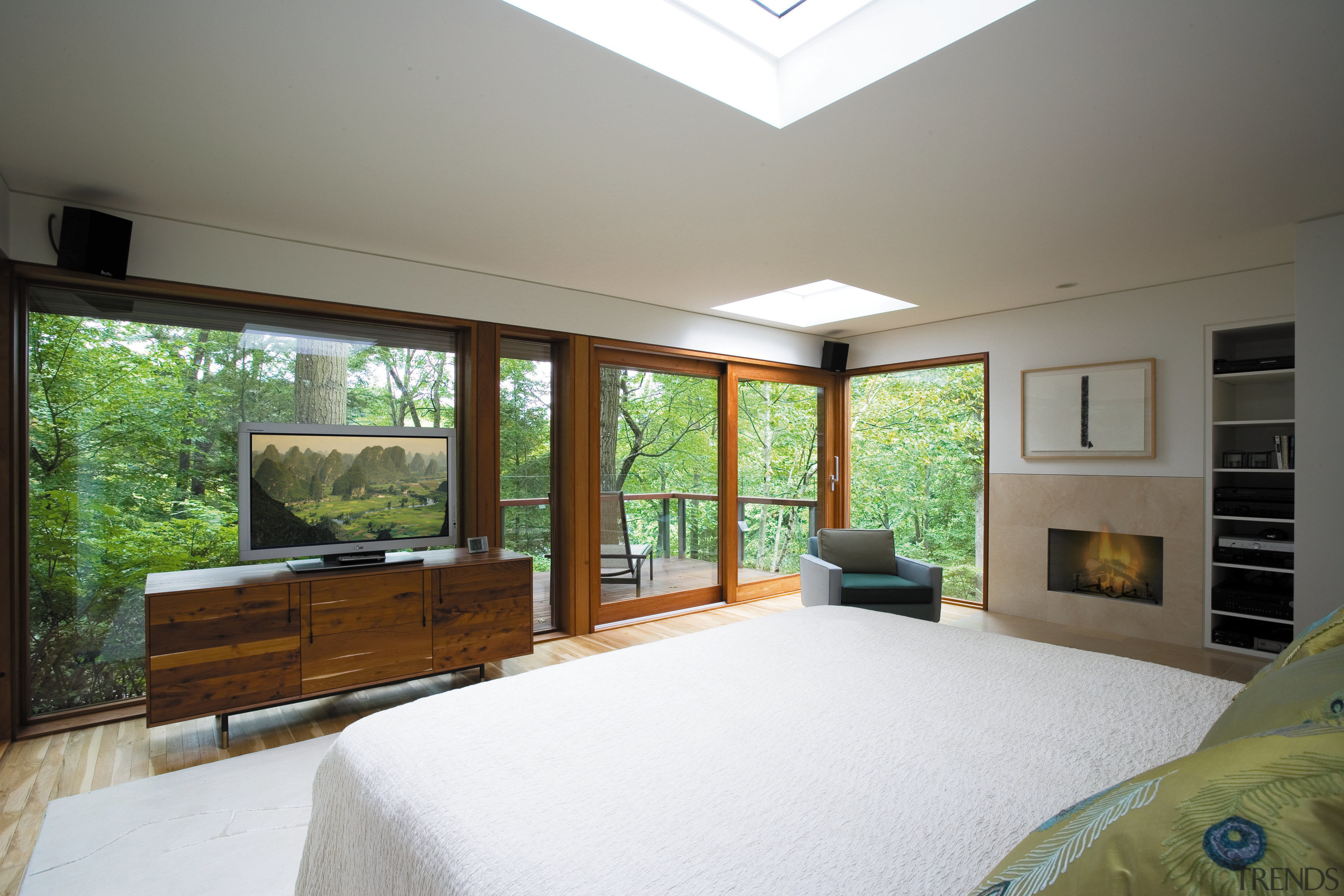 View of the master bedroom featuring, quartersawn whiteoak architecture, bedroom, ceiling, daylighting, estate, home, house, interior design, property, real estate, room, window, wood, gray