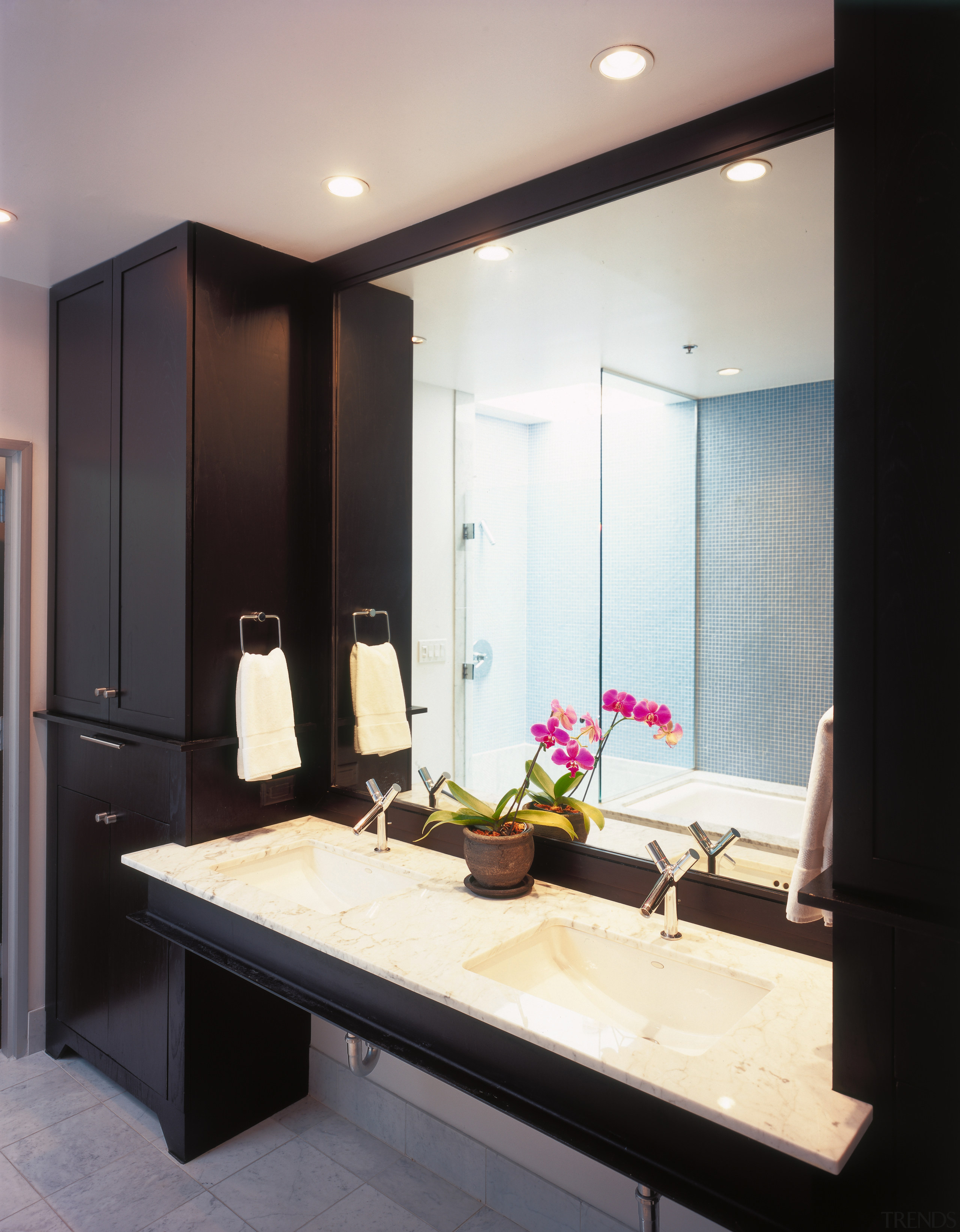 View of the bathroom featuring carrara marble countertop, bathroom, ceiling, countertop, interior design, room, sink, black, white