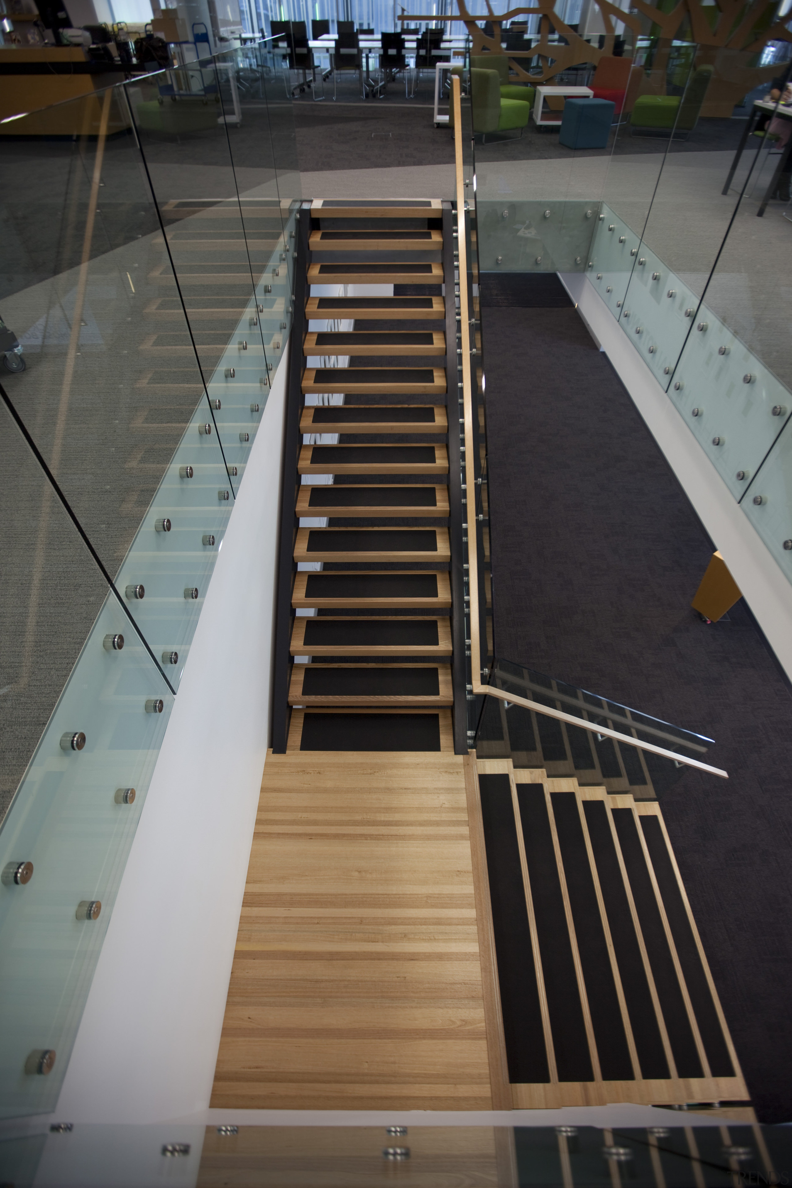 Contemporary office stairway - Contemporary office stairway - floor, flooring, handrail, stairs, structure, wood, black, gray