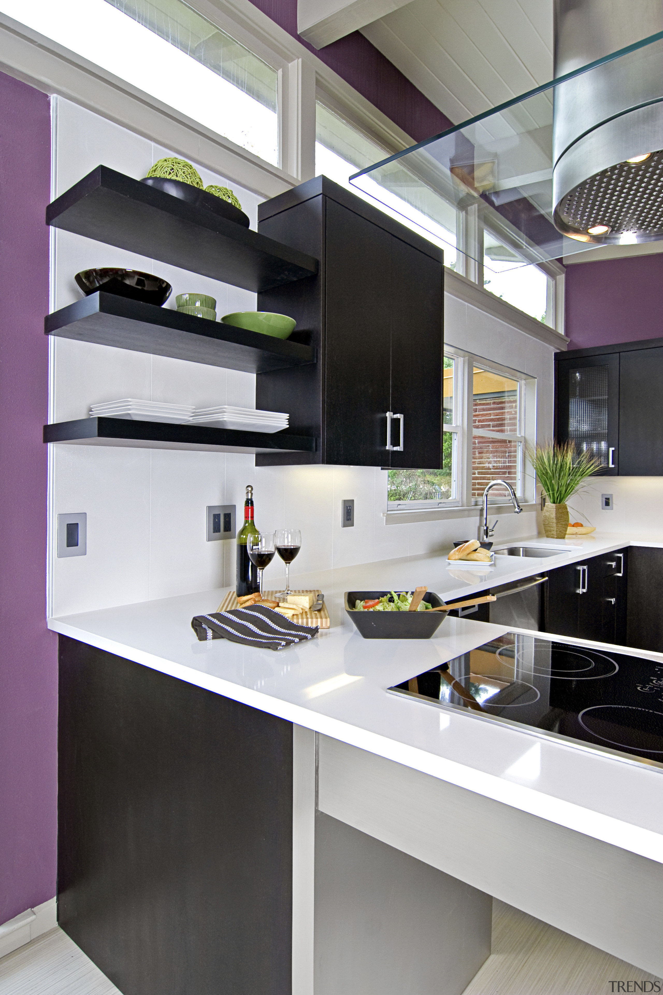 View of a remodeled kitchen which features lavender countertop, interior design, kitchen, white, gray, black