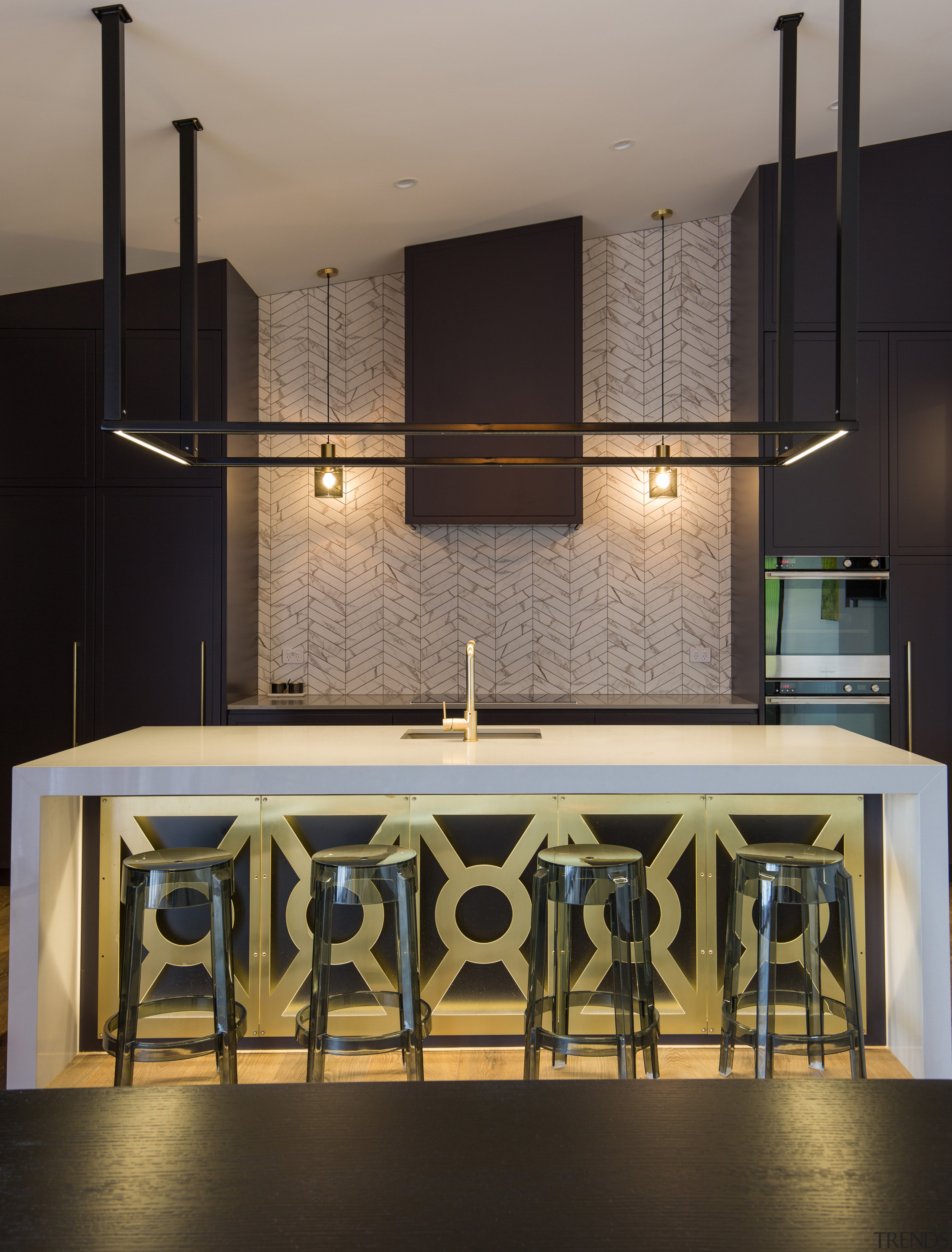 The kitchen needed to have  a feel of architecture, building, ceiling, countertop, design, floor, flooring, furniture, home, house, interior design, kitchen, light fixture, lighting, material property, room, tile, black, gray