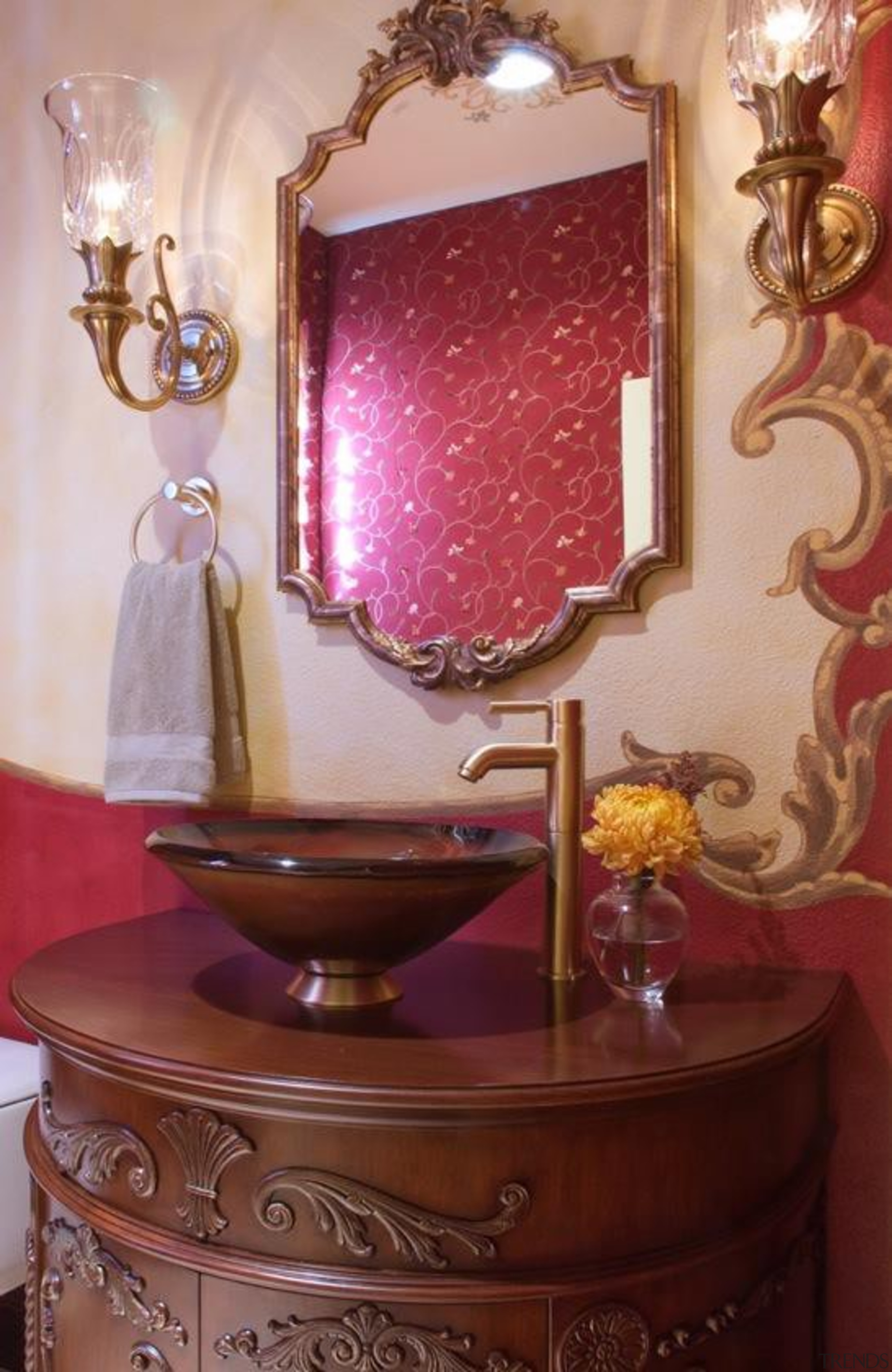 This wonderful french inspired Powder Room Has a furniture, interior design, light fixture, lighting, lighting accessory, pink, purple, room, table, red