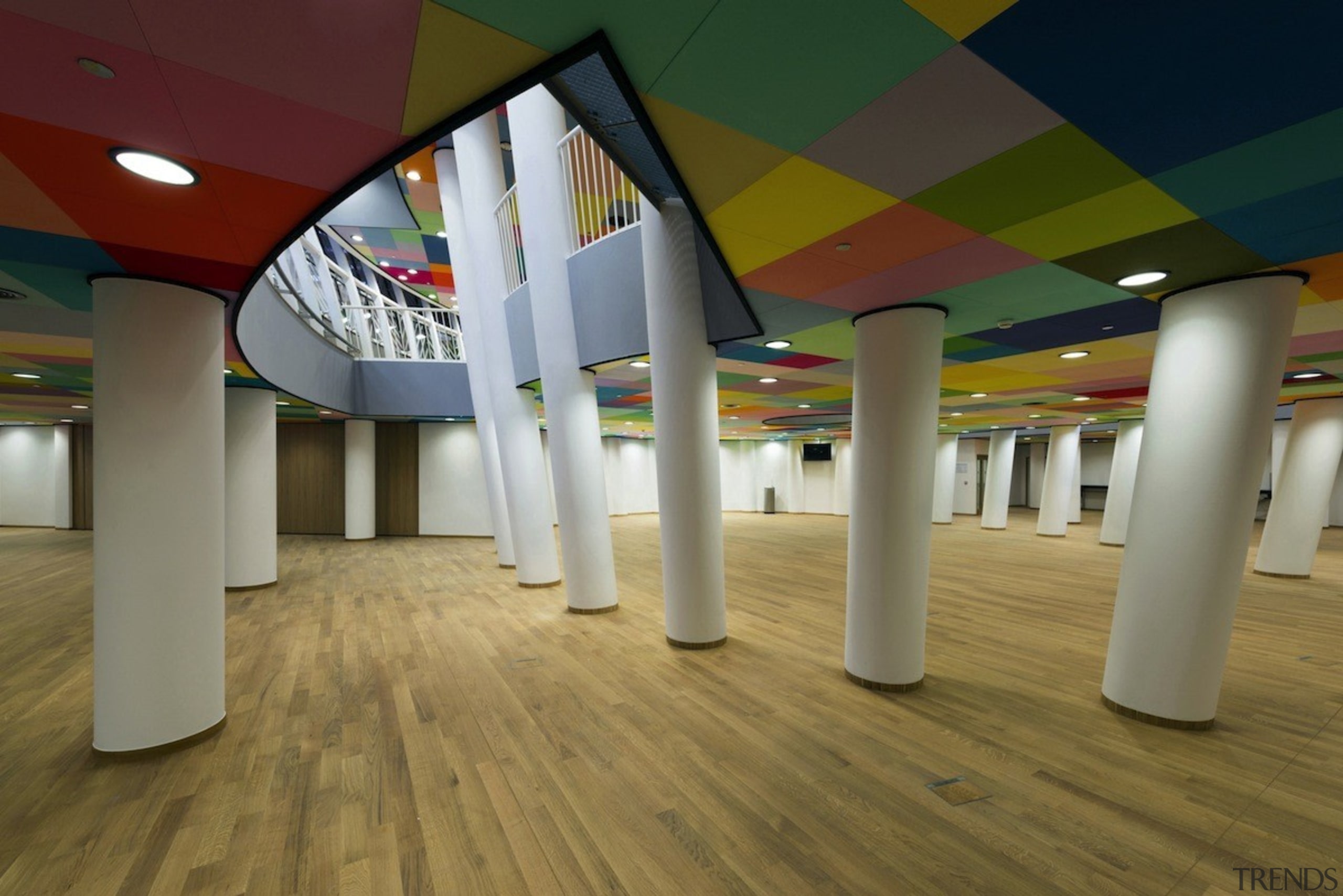 This new headquarters for the European Union Council architecture, ceiling, daylighting, floor, flooring, interior design, leisure centre, structure, brown