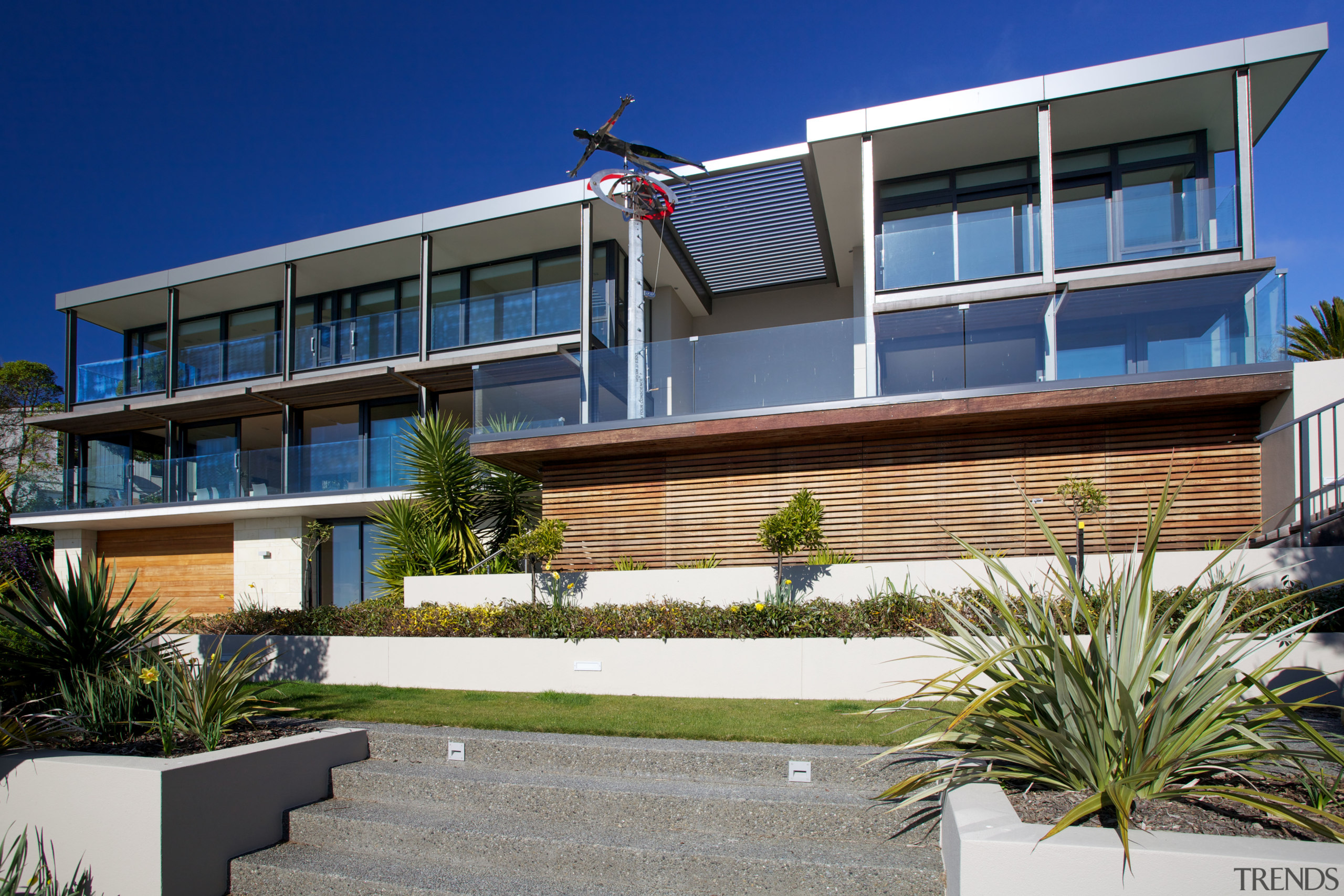 Hillside home in steel and glass with views, apartment, architecture, building, condominium, elevation, estate, facade, home, house, property, real estate, residential area, villa, window, blue