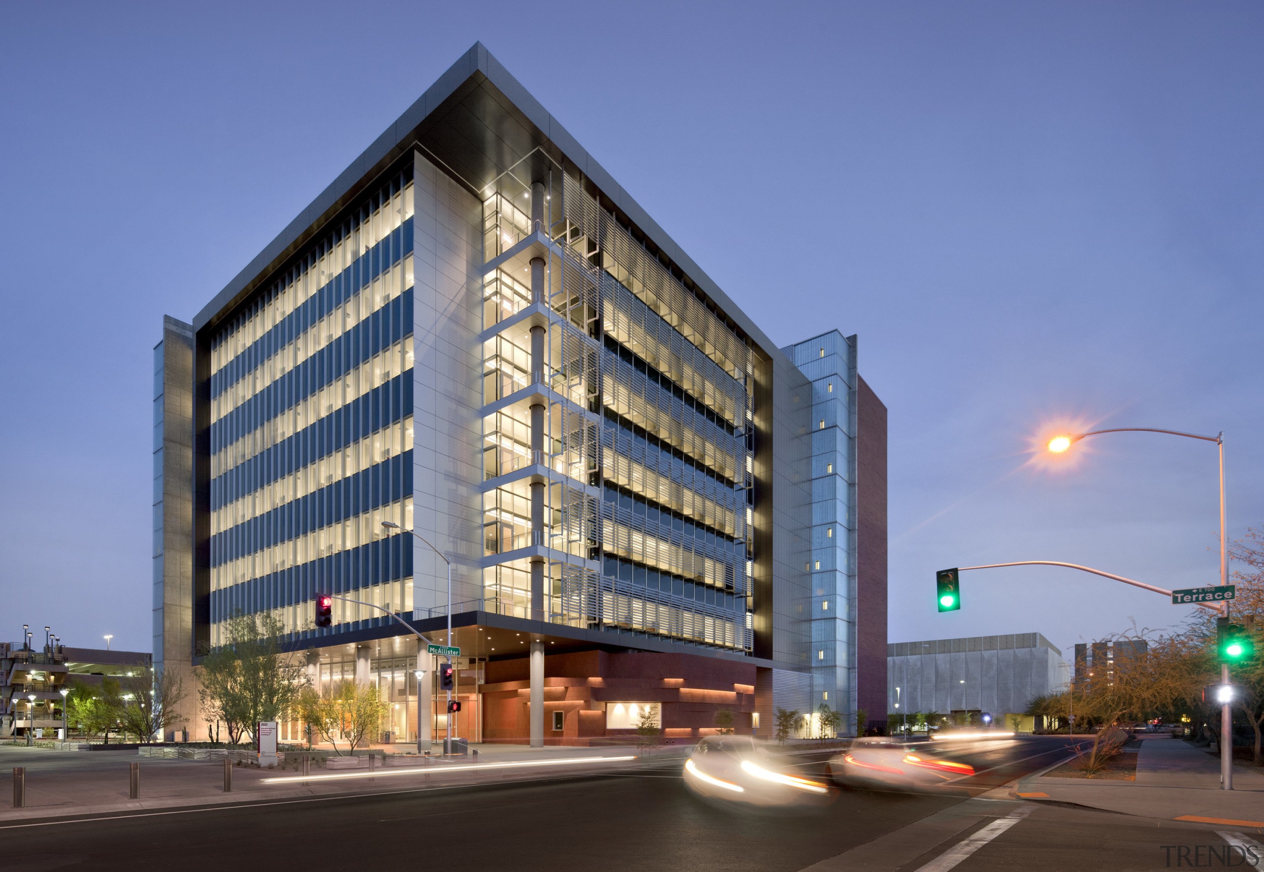 Arizona State University Interdisciplinary Science and Technology Building apartment, architecture, building, city, commercial building, condominium, corporate headquarters, facade, headquarters, hotel, metropolis, metropolitan area, mixed use, real estate, residential area, sky, tower block, blue