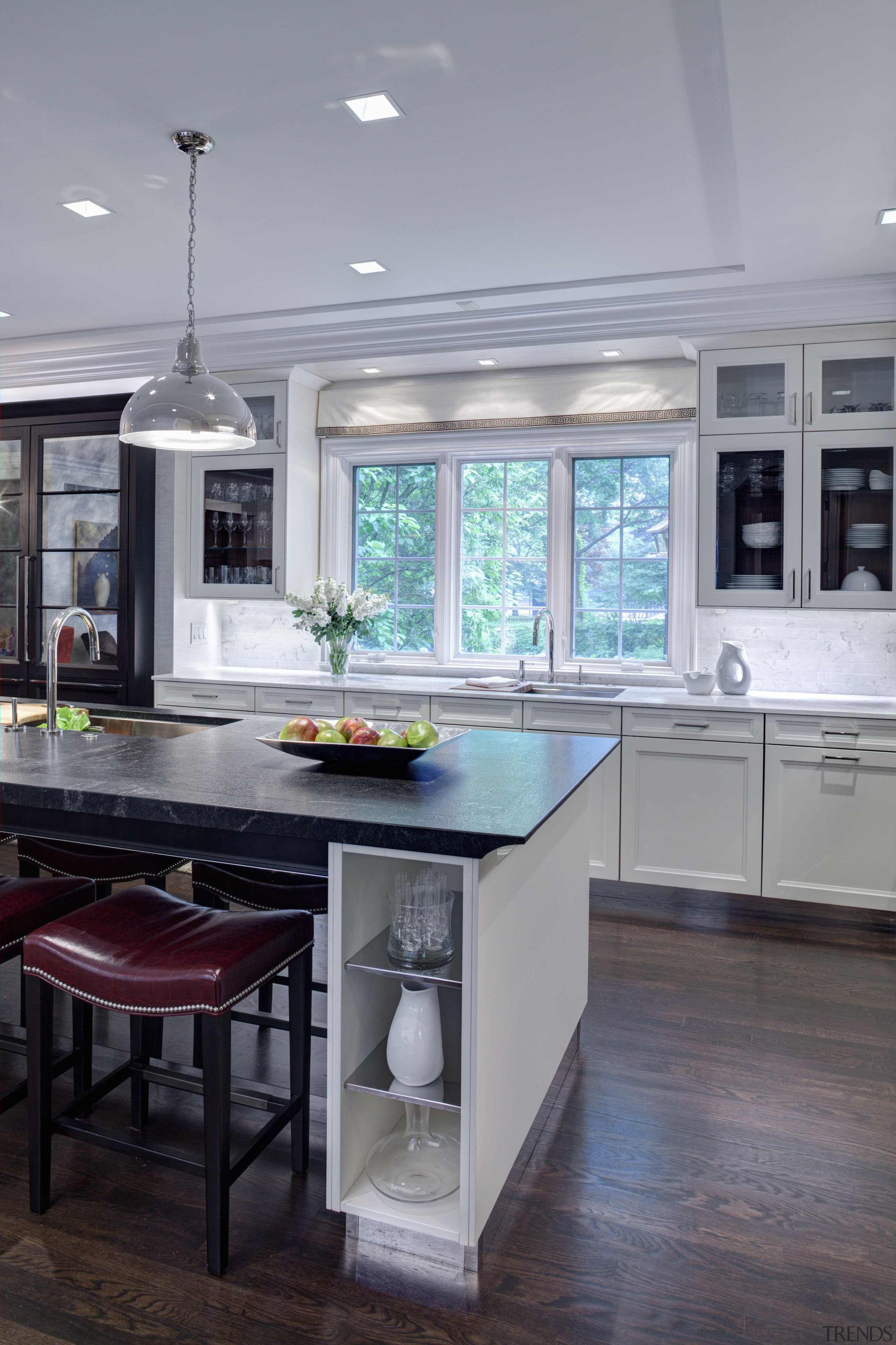 This Mick De Giulio  kitchen responds to cabinetry, countertop, cuisine classique, floor, interior design, kitchen, room, gray