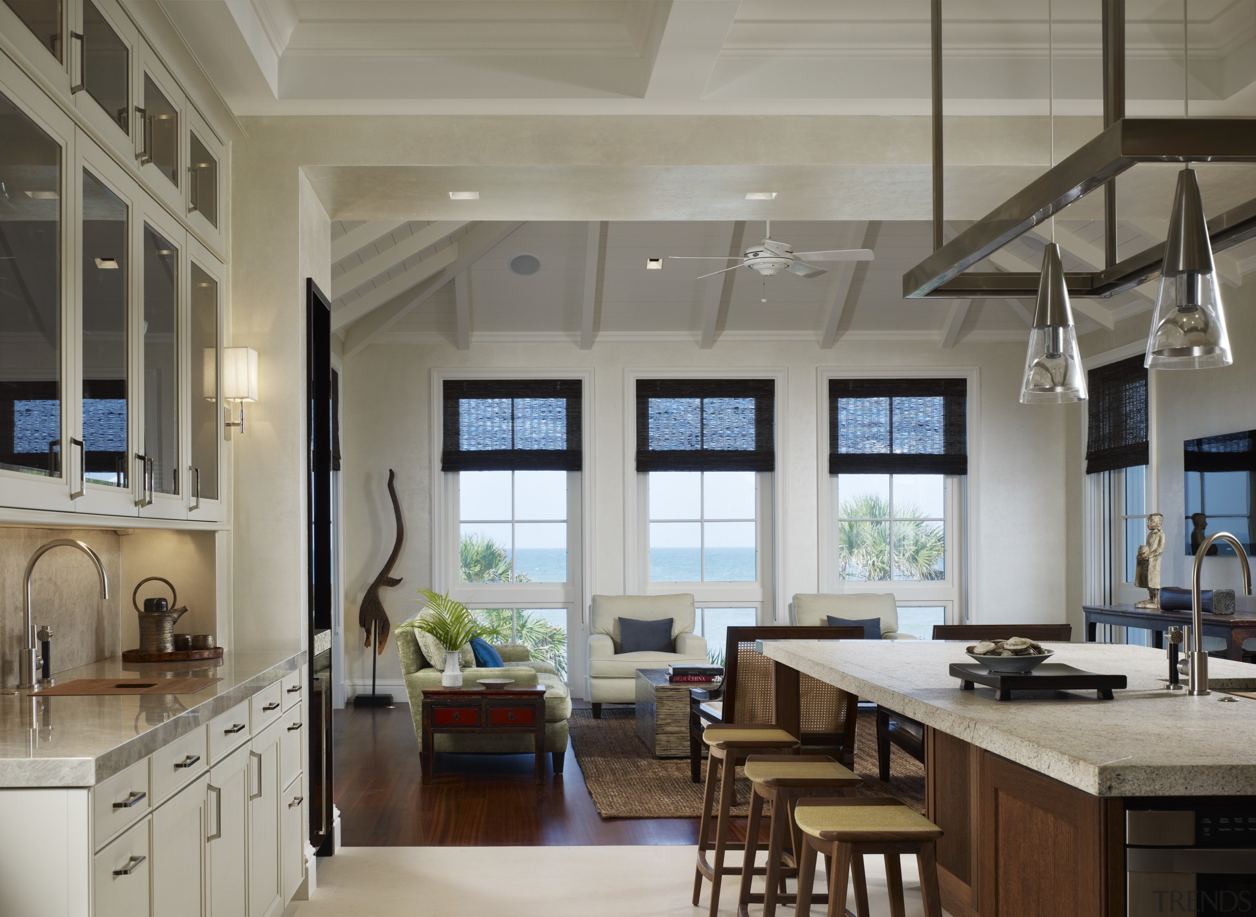 View of a kitchen featuring island, granite countertops, cabinetry, ceiling, countertop, cuisine classique, interior design, kitchen, window, gray