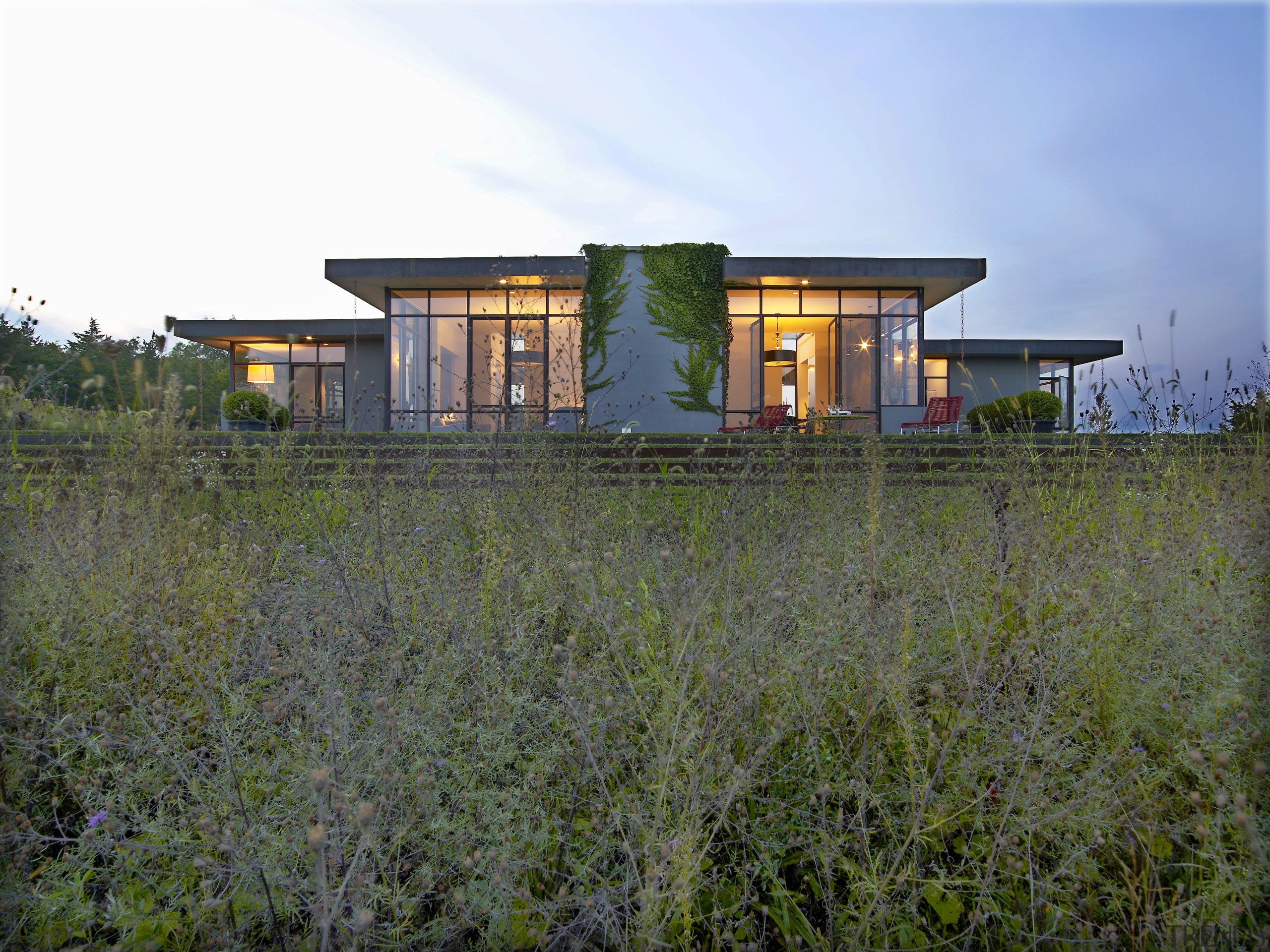 This vacation house, designed by architect Joan Chan architecture, cottage, facade, farmhouse, grass, home, house, land lot, landscape, property, real estate, rural area, sky