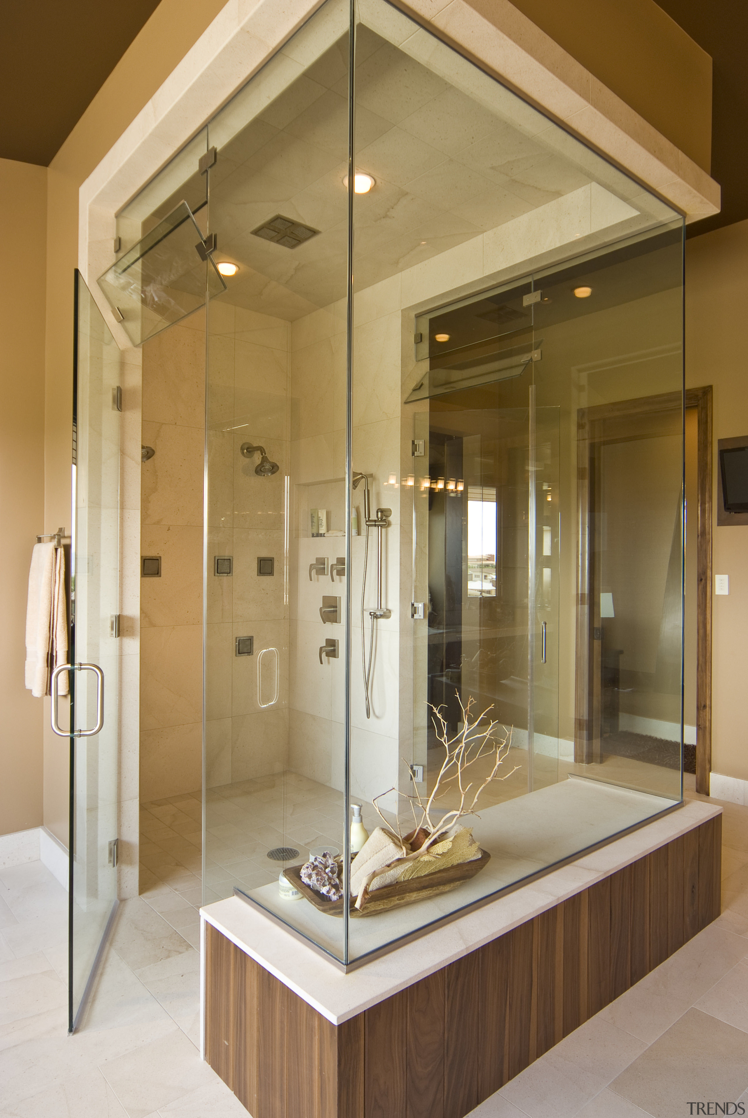 View of bathroom which feature granite wall tiles bathroom, ceiling, interior design, brown, orange