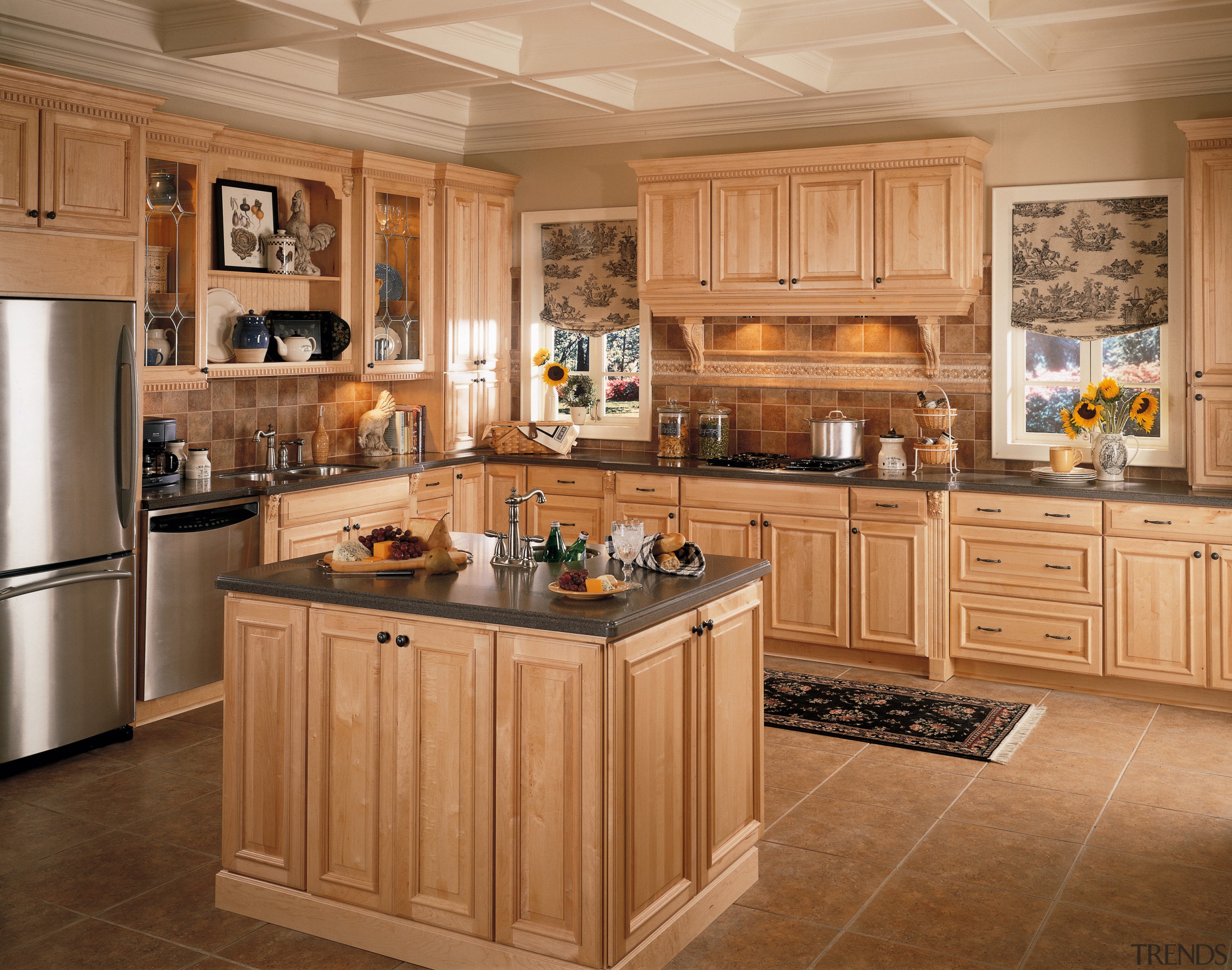 A view of a kitchen, brown tiled floor, cabinetry, countertop, cuisine classique, floor, flooring, hardwood, interior design, kitchen, room, wood flooring, brown, orange