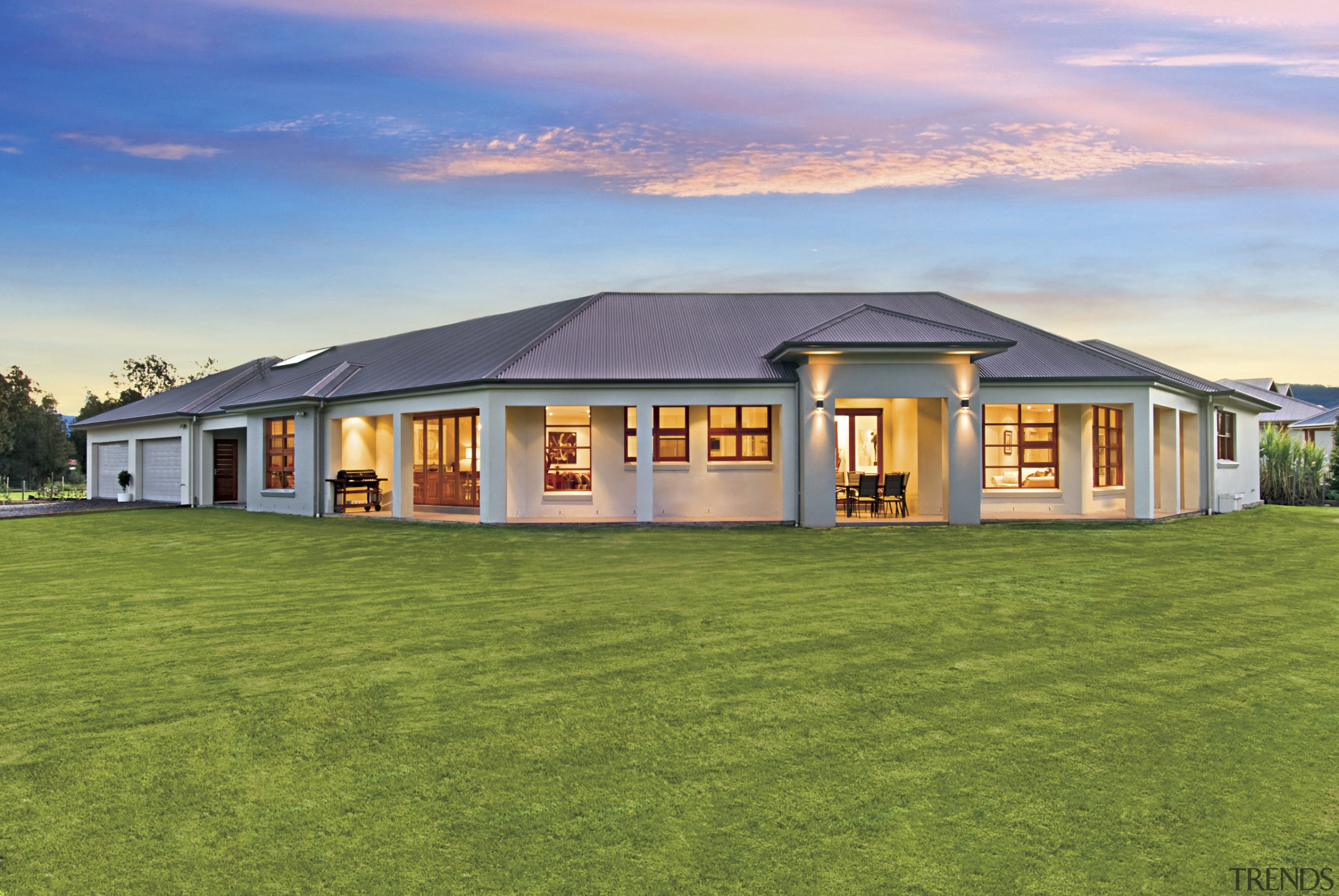 View of this contemporary home by Fairlight Developments cottage, elevation, estate, facade, farmhouse, grass, home, house, land lot, landscape, property, real estate, residential area, roof, shed, sky, green