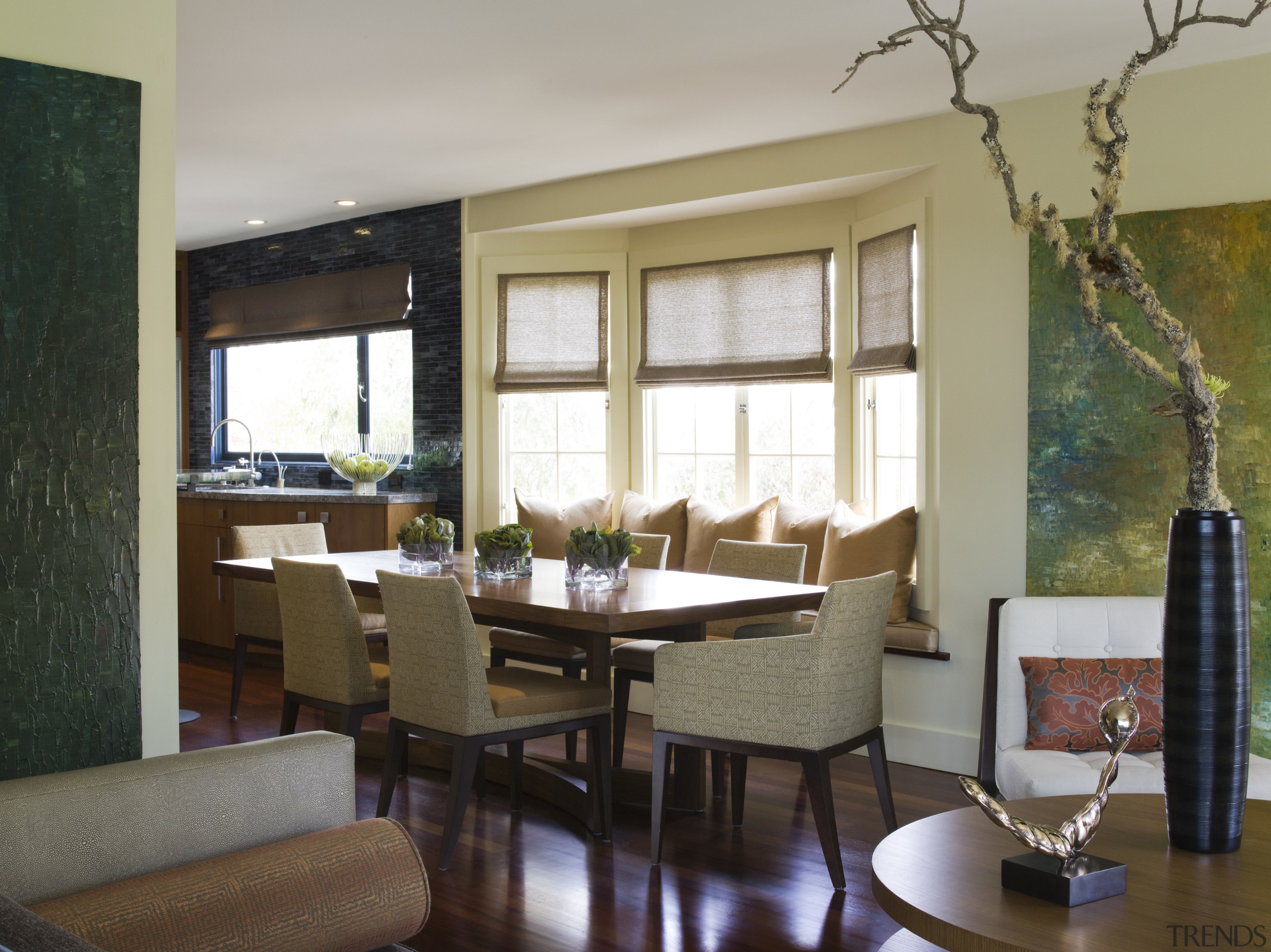 View of this traditional house - View of ceiling, dining room, home, interior design, living room, real estate, room, wall, window, window covering, window treatment, gray, brown