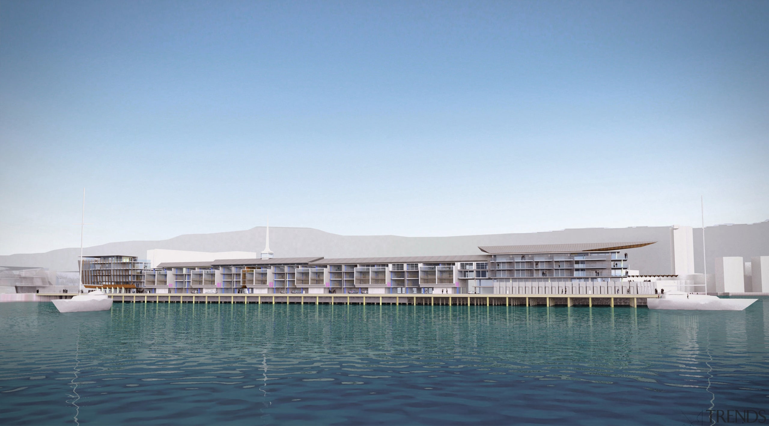 Concept drawing of Overseas Passenger Terminal at Wellington architecture, corporate headquarters, dock, marina, real estate, sea, sky, water, water transportation, yacht, teal, white