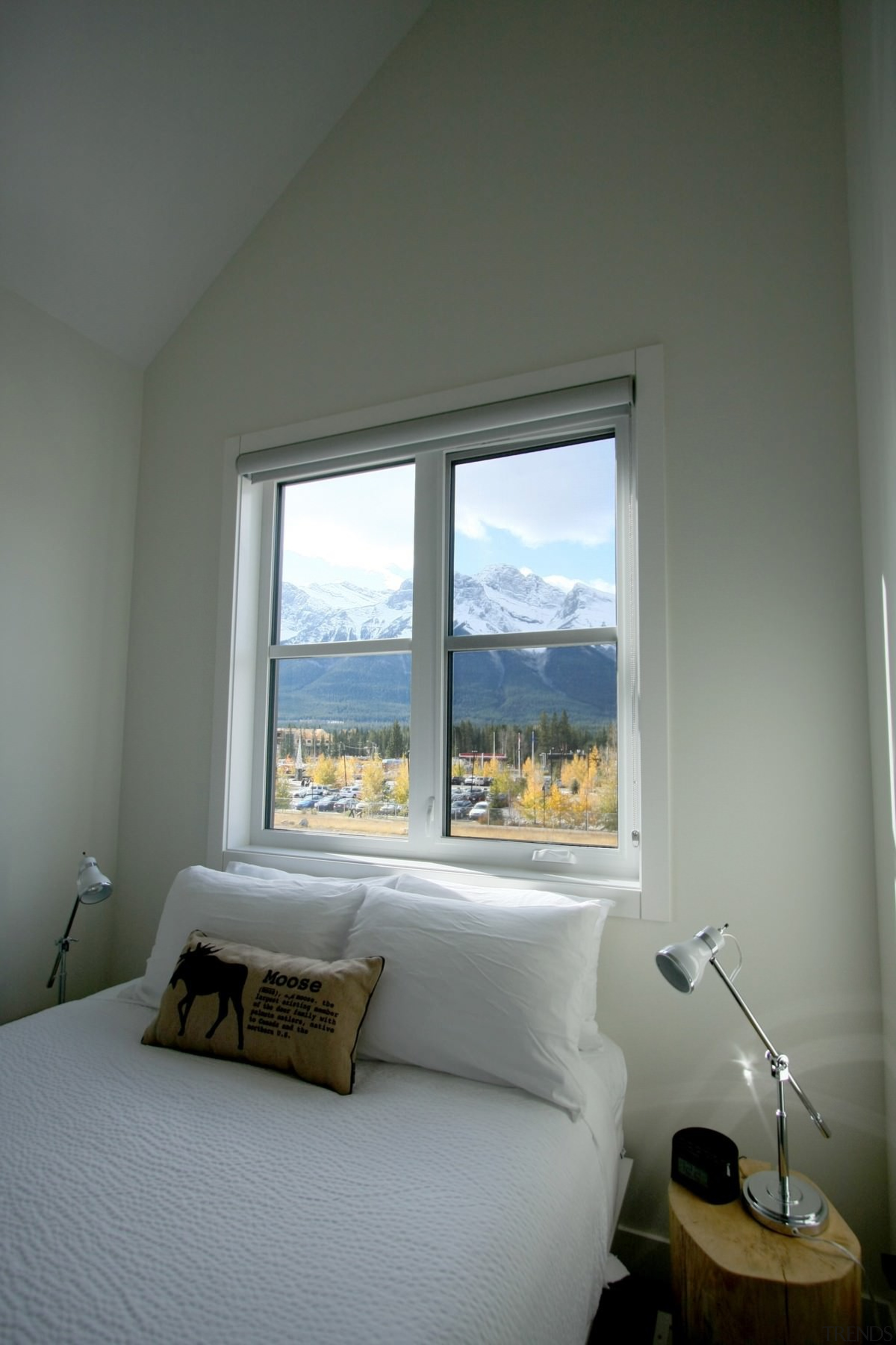 A shot of the view - A shot architecture, bedroom, ceiling, daylighting, door, home, house, interior design, real estate, room, window, window covering, window treatment, wood, gray