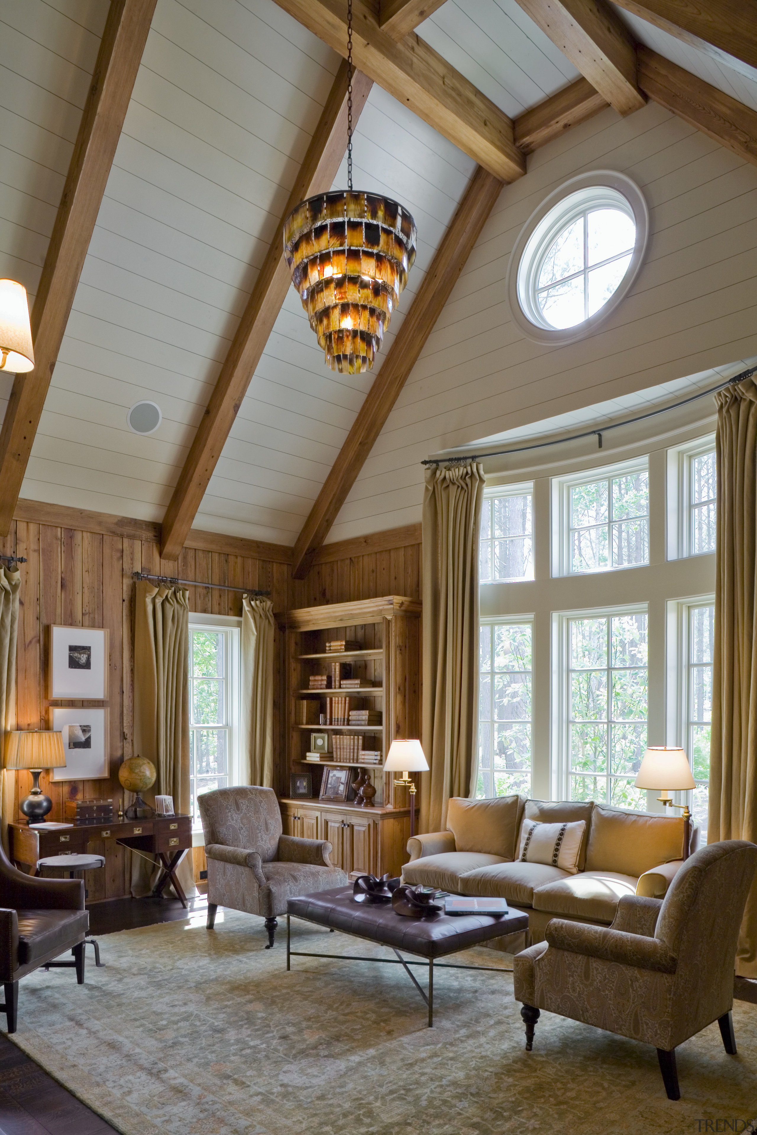 View of house designed by William T Baker beam, ceiling, daylighting, estate, hardwood, home, interior design, living room, real estate, room, window, wood, brown, gray