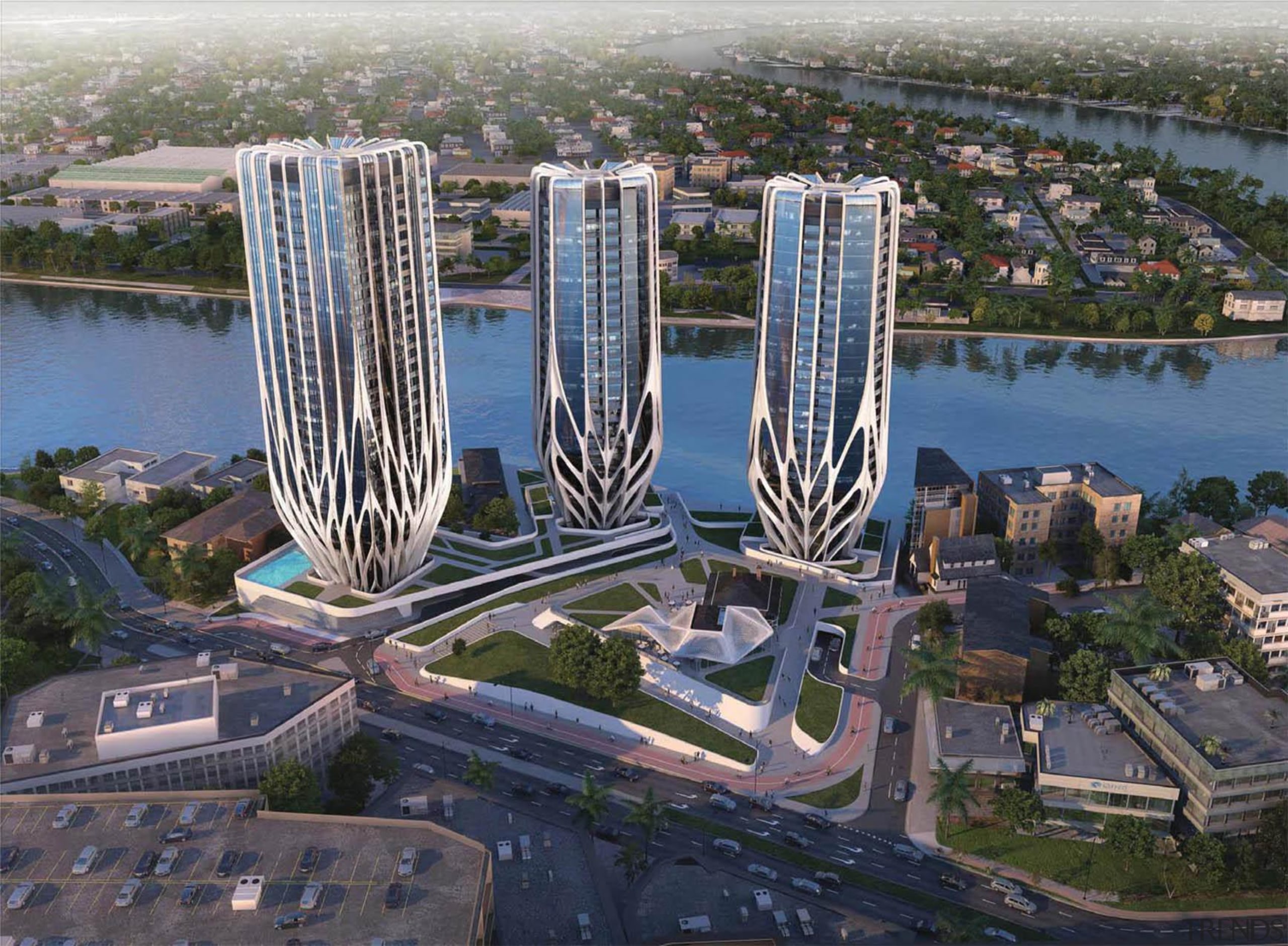 ‘Grace on Coronation’ is a design by British-Iraqi aerial photography, bird's eye view, building, city, condominium, metropolis, metropolitan area, mixed use, skyscraper, tower block, urban area, gray, black