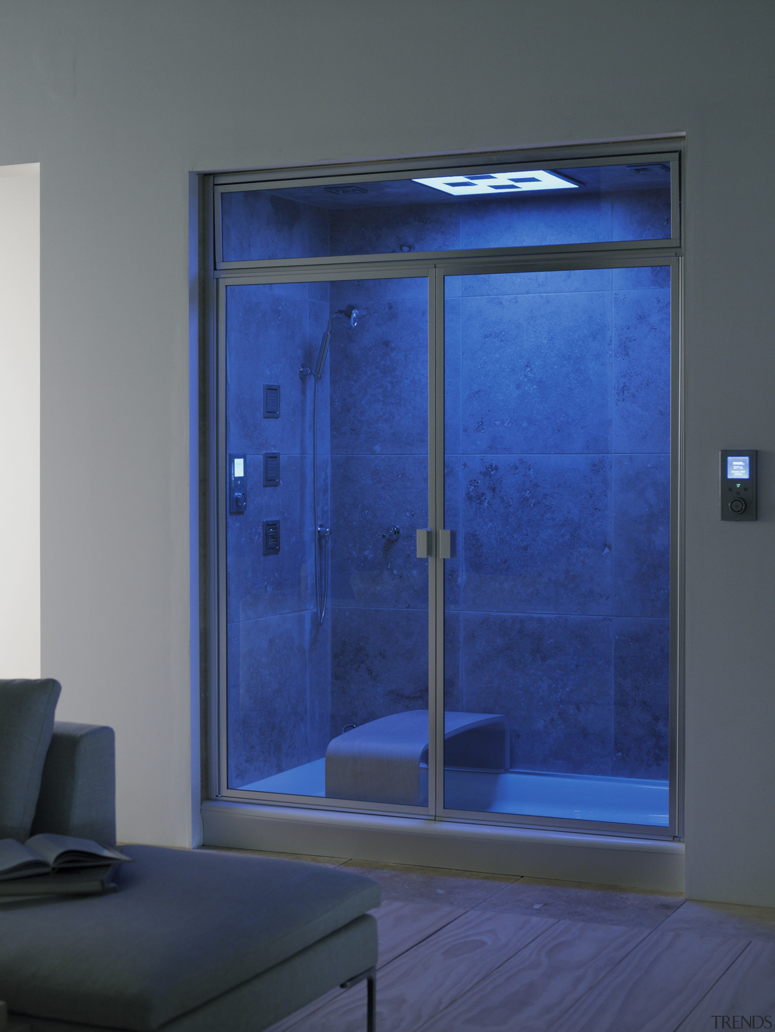 View of the Kohler Fountainhead shower featuring a bathroom, blue, door, glass, interior design, lighting, window, blue, gray