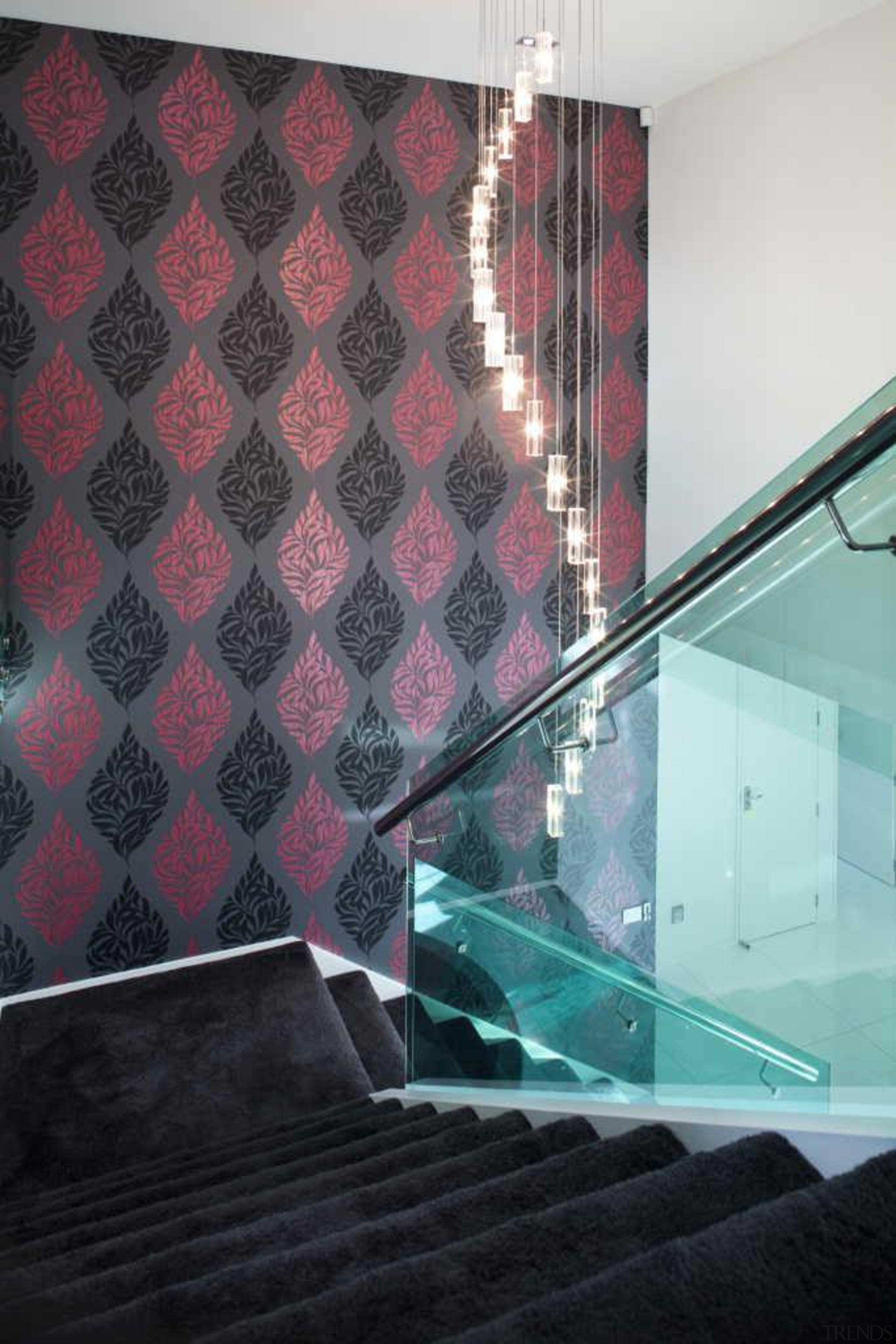 Hanging down curved ceiling light - Staircase - angle, architecture, ceiling, daylighting, design, floor, flooring, glass, interior design, room, tile, wall, wallpaper, black, gray