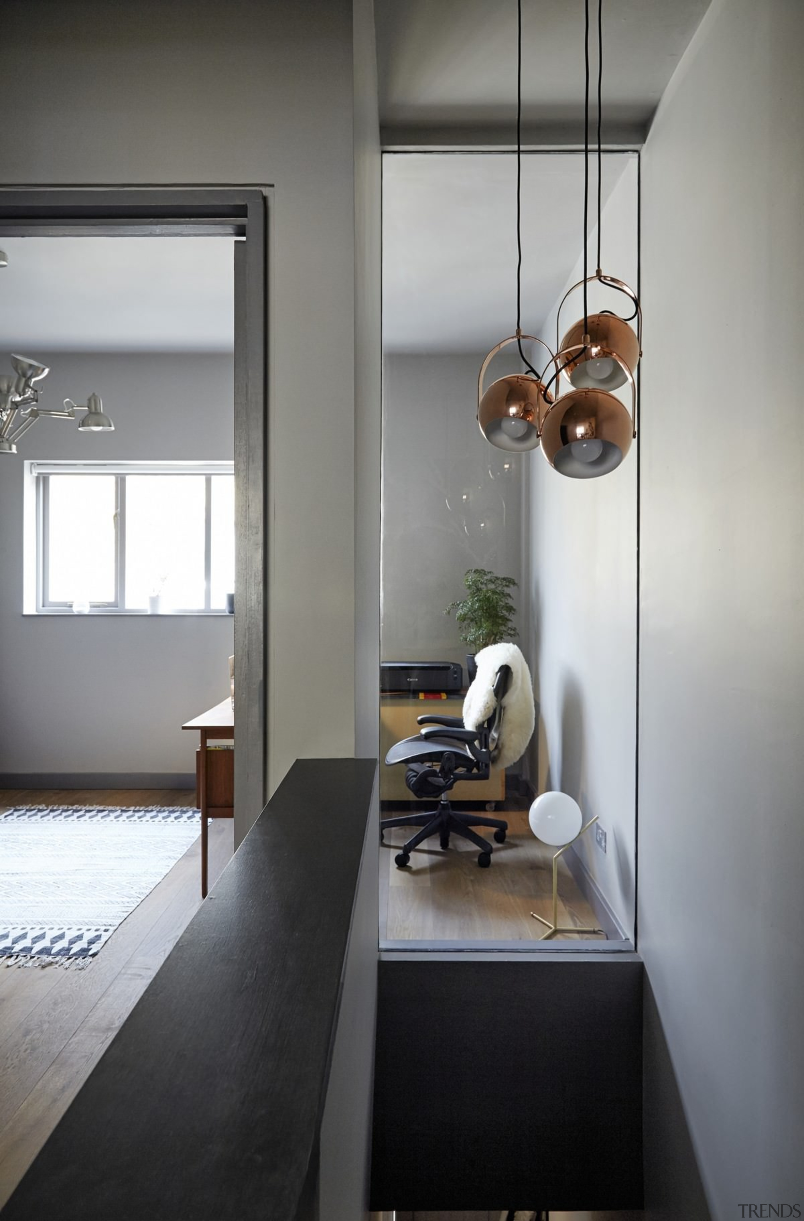 A window into the office - A window architecture, house, interior design, light fixture, table, gray