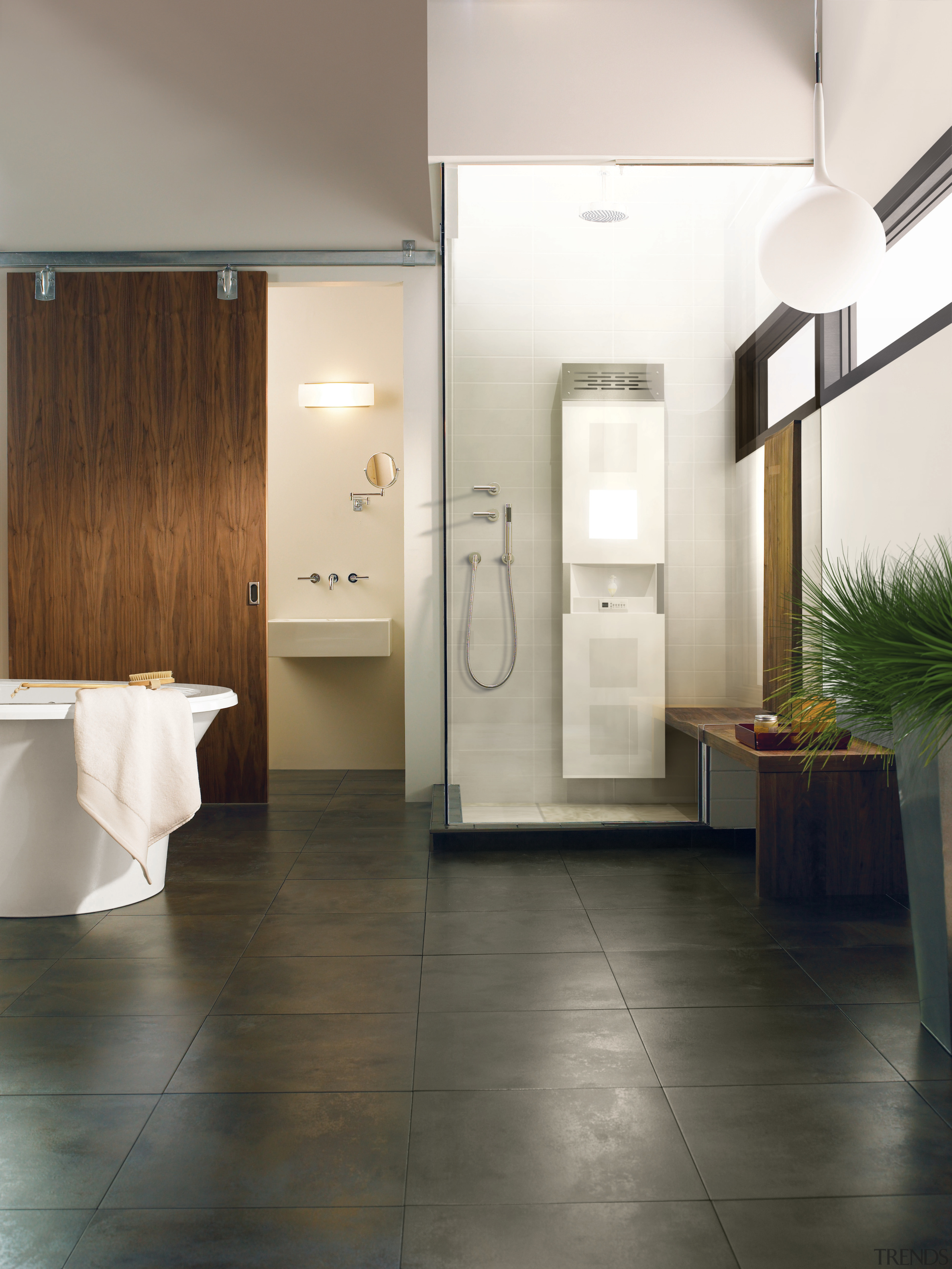Image of a bathroom which features the new bathroom, ceiling, floor, flooring, hardwood, interior design, laminate flooring, lobby, plumbing fixture, real estate, room, tile, wood flooring, white, gray